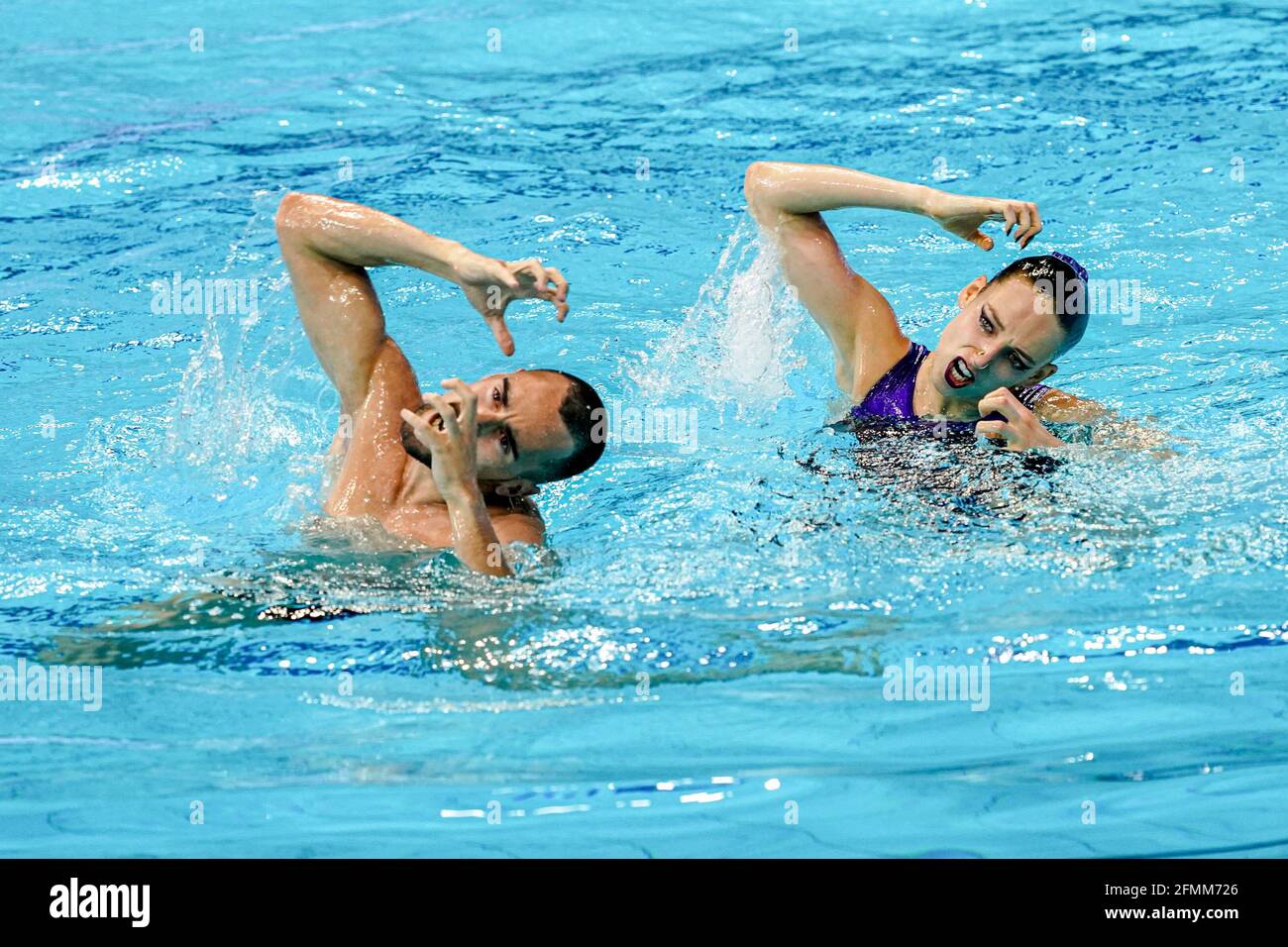 BUDAPEST, HUNGARY - MAY 10: Emma Garcia Garcia of Spain and Pau Ribes Culla of Spain competing at the Mixed Duet Tech Final during the LEN European Aquatics Championships Artistic Swimming at Duna Arena on May 10, 2021 in Budapest, Hungary (Photo by Andre Weening/Orange Pictures) Stock Photo