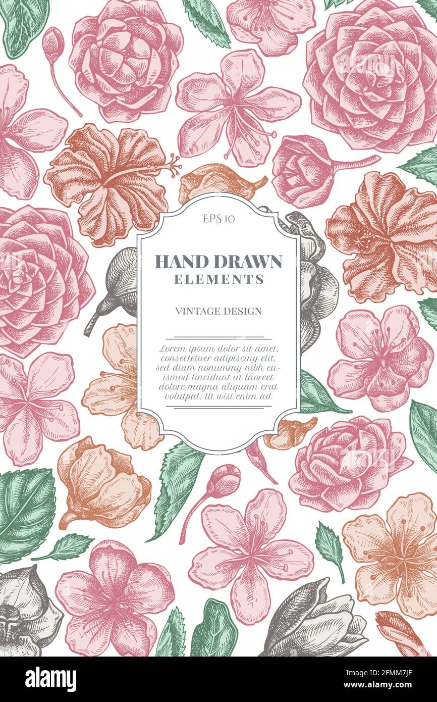 Card design with pastel hibiscus, plum flowers, peach flowers, sakura