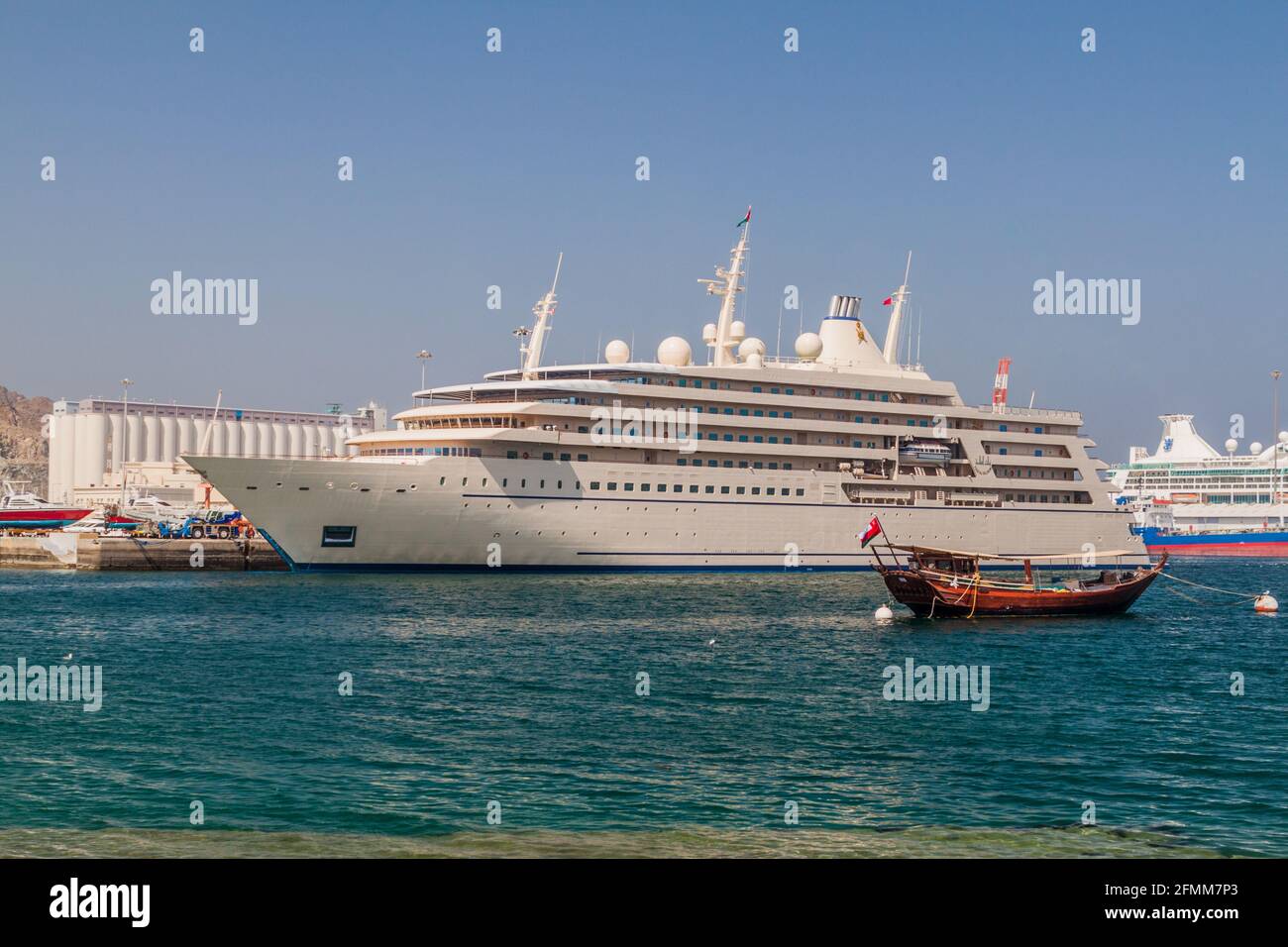 MUSCAT, OMAN - FEBRUARY 22, 2017: The Fulk al Salamah, yacht of Sultan Qaboos, moored in Mutrah port. Stock Photo