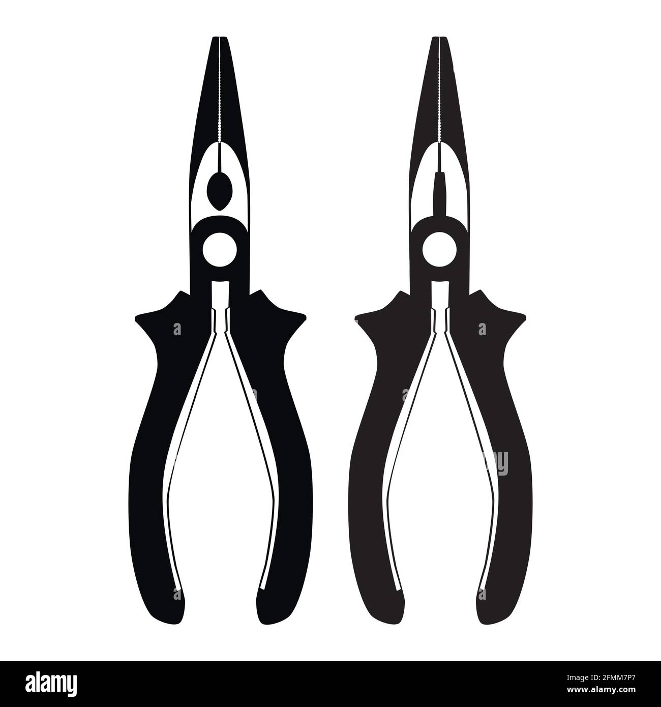 Needle nose pliers black silhouettes. Electrician, repairman work tool, vector Stock Vector