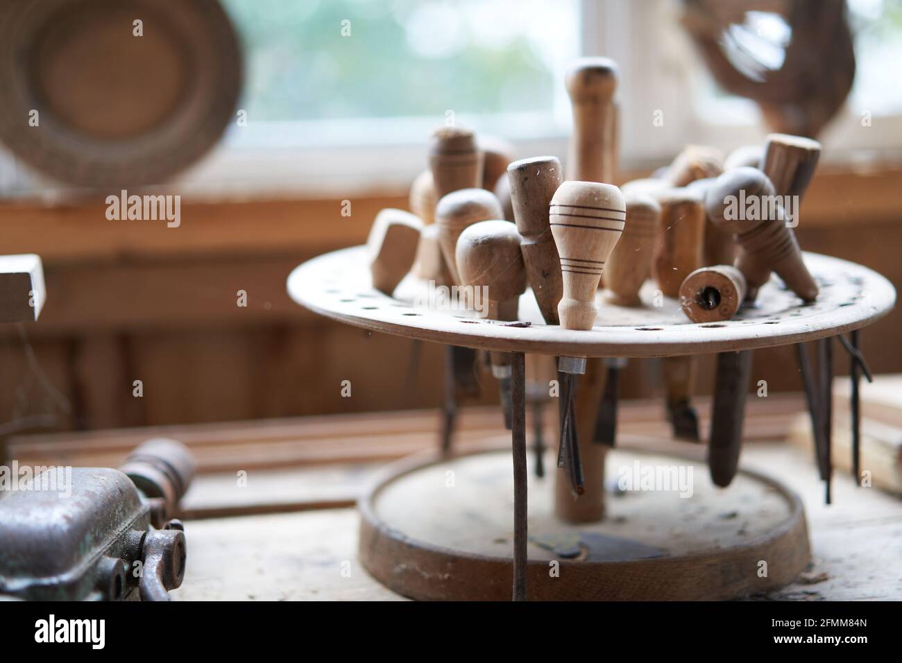 Wood carving tool Carpenter tools in stand at workplace Handmade