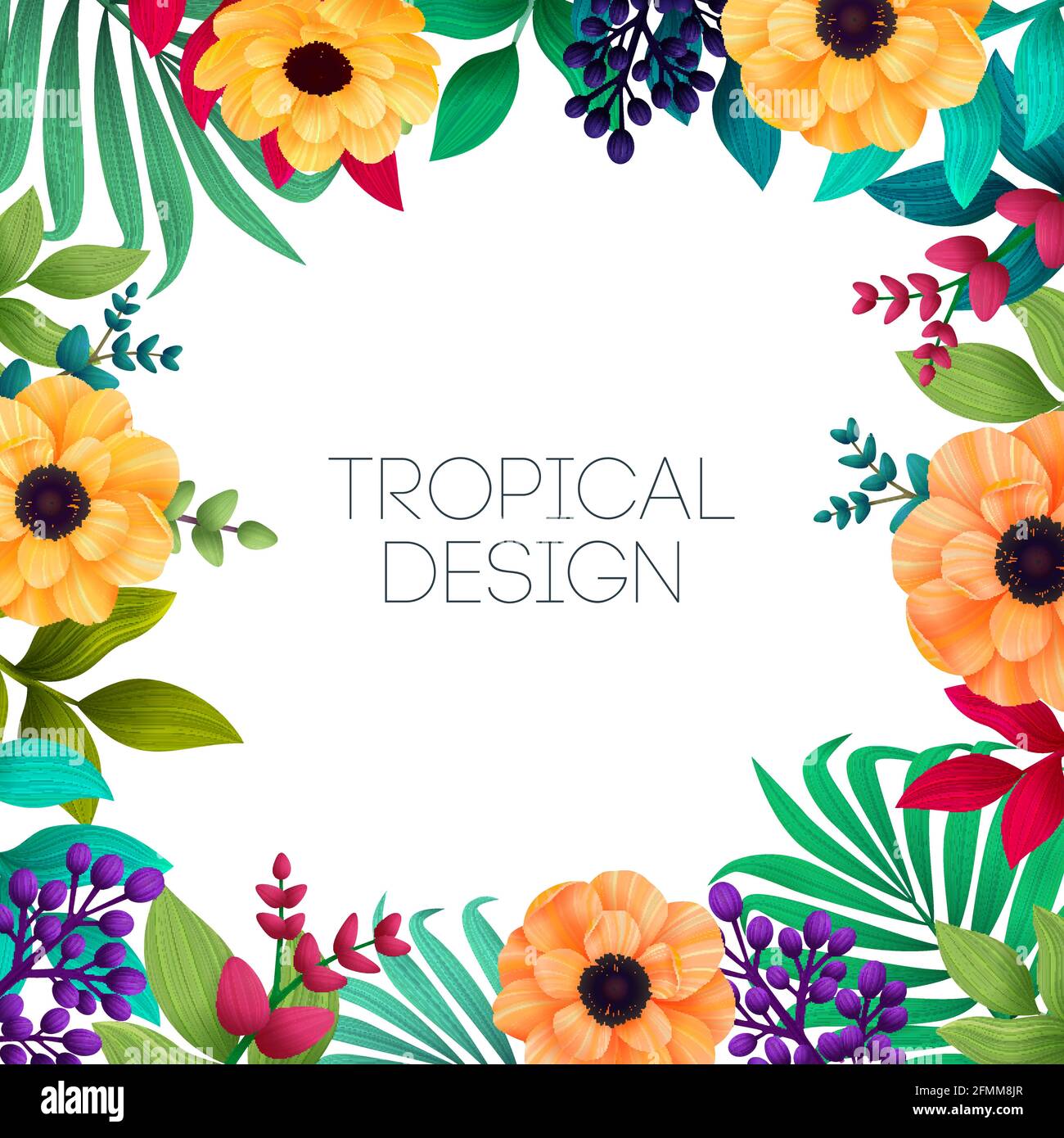 Colorful summer tropical background with exotic palm leaves and ...