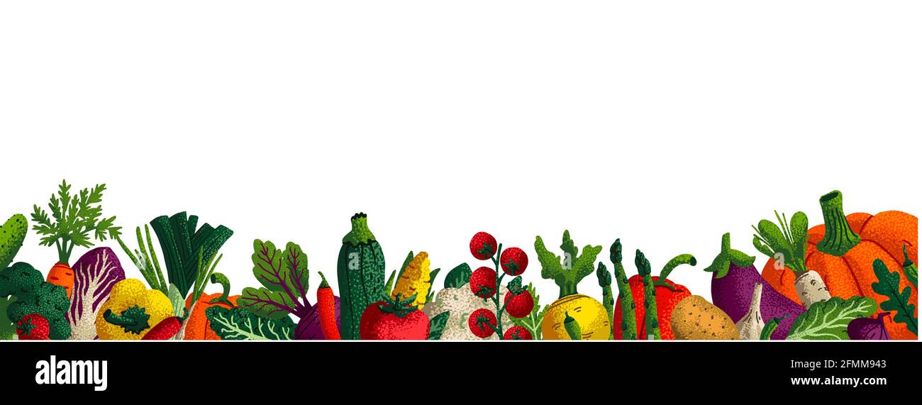 Wide horizontal vegetable background. Copy space. Variety of decorative vegetables with grain