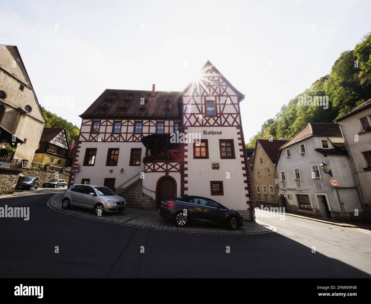 Cityscape panorama of historic old vintage half-timbered architecture town hall building of Ziegenruck Saale Orla Kreis Thuringia Germany Europe Stock Photo
