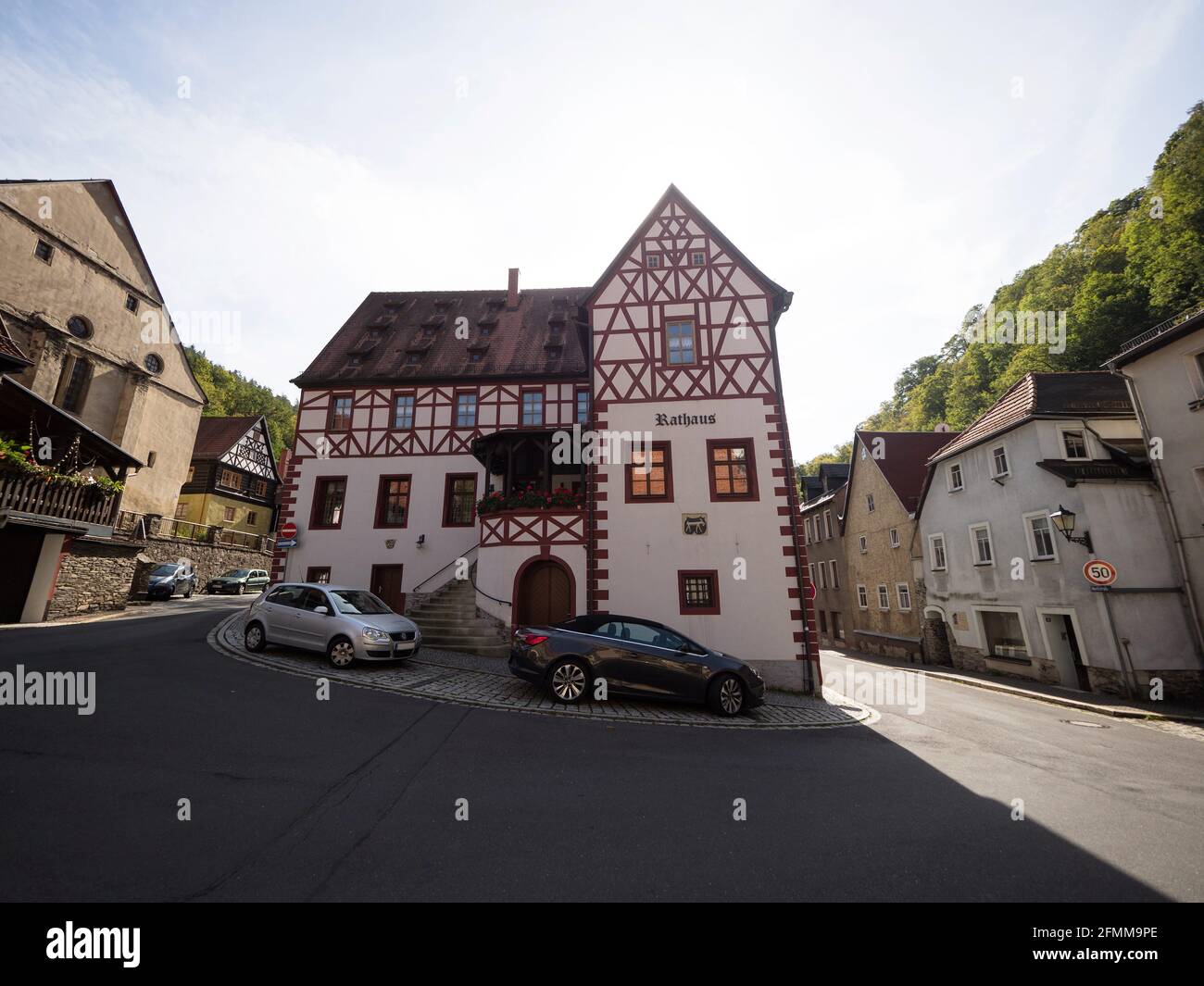 Cityscape panorama of historic old vintage half-timbered architecture town hall building of Ziegenruck Saale Orla Kreis Thuringia Germany Europe Stock Photo