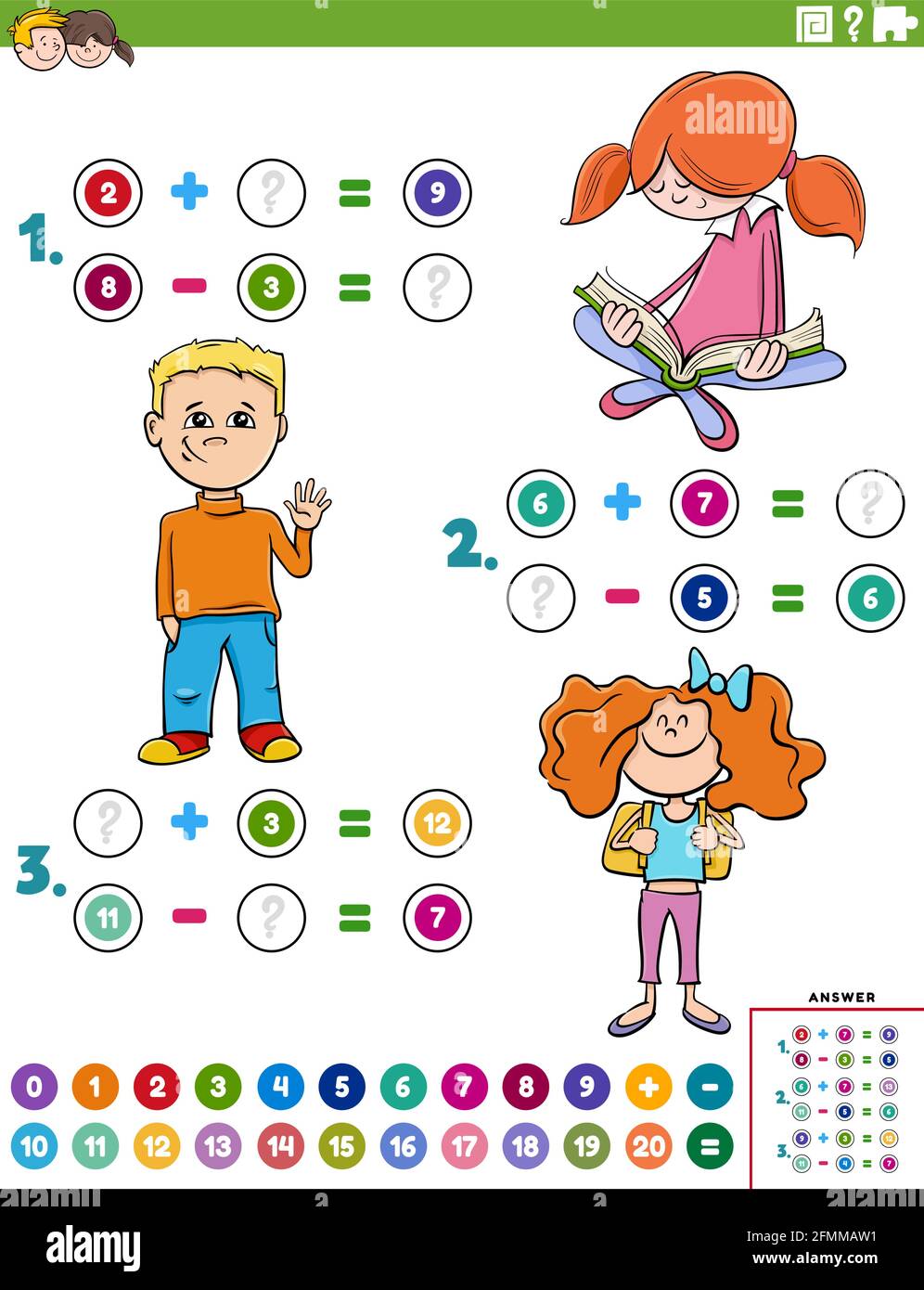 Cartoon illustration of educational mathematical addition and subtraction puzzle task with children characters Stock Vector