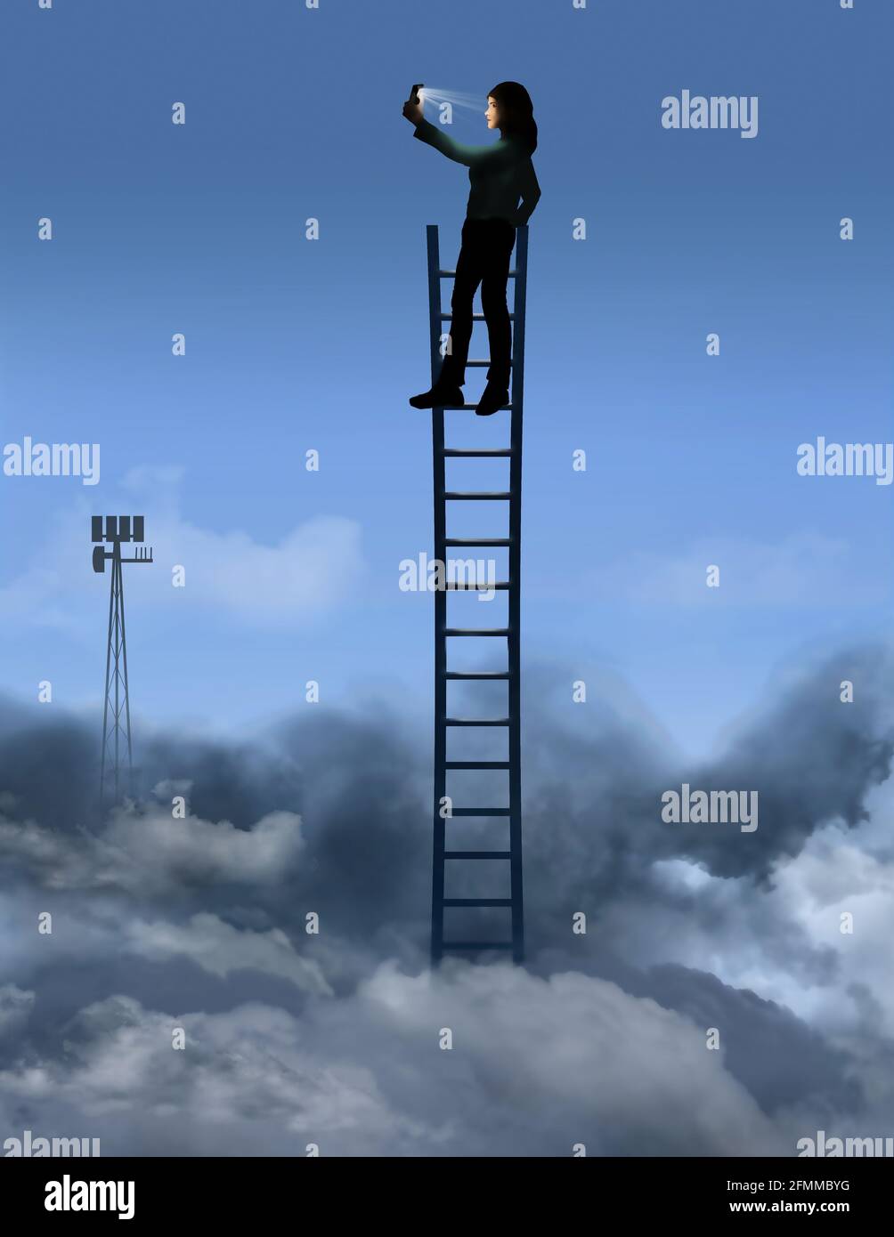 A woman looking for a cell phone signal is seen at the top of a ladder above the clouds searching for that signal. This is a 3-D ilustration. Stock Photo