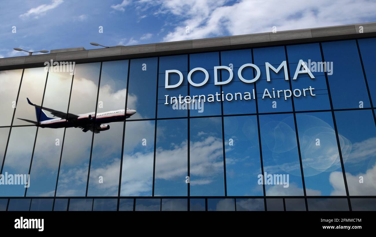 Jet aircraft landing at Dodoma, Tanzania 3D rendering illustration. Arrival in the city with the glass airport terminal and reflection of the plane. T Stock Photo