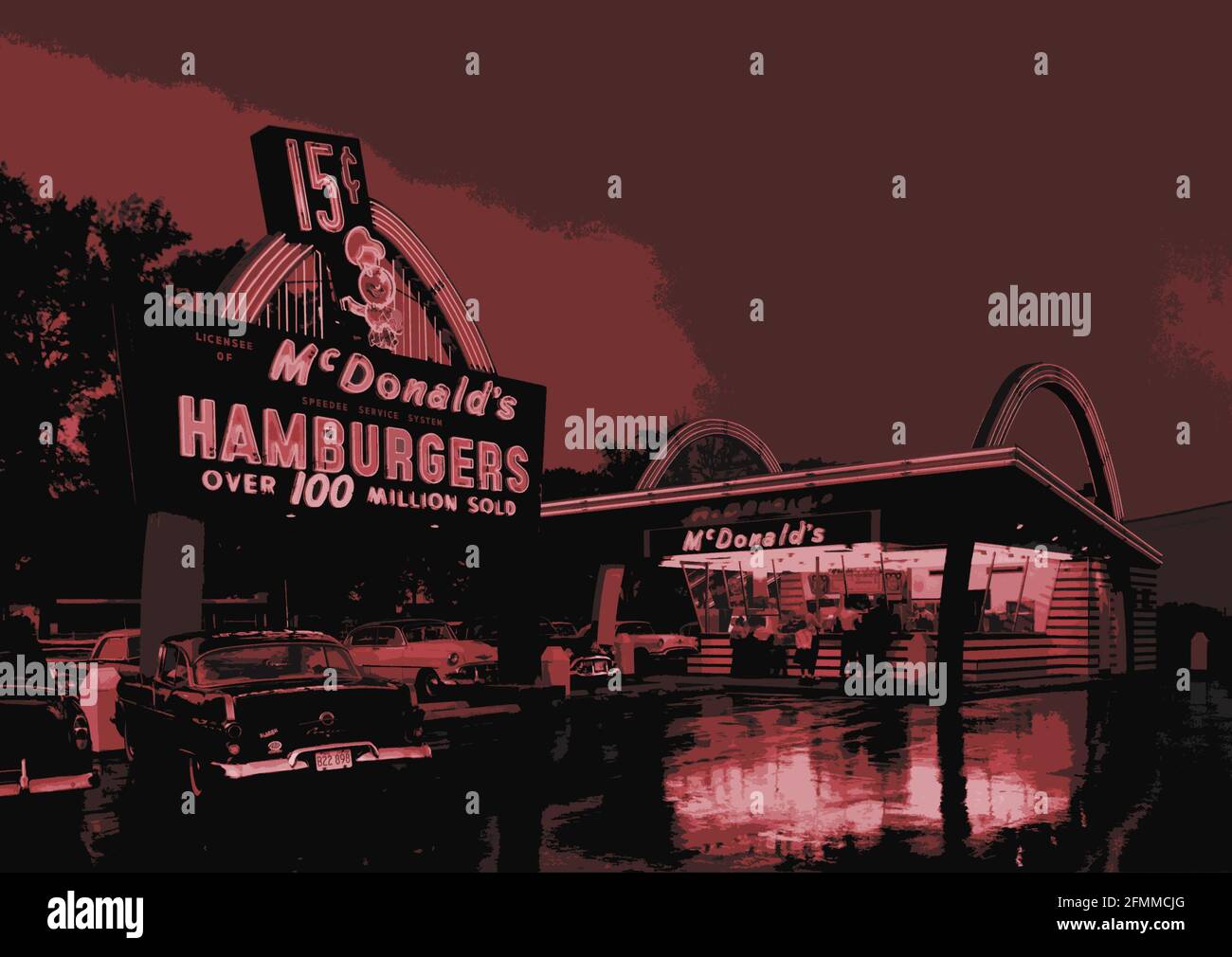 A photograph of a classic 1950s McDonald's fast food drive-in restaurant photographed in 1959 and colorized for artist effect. Stock Photo