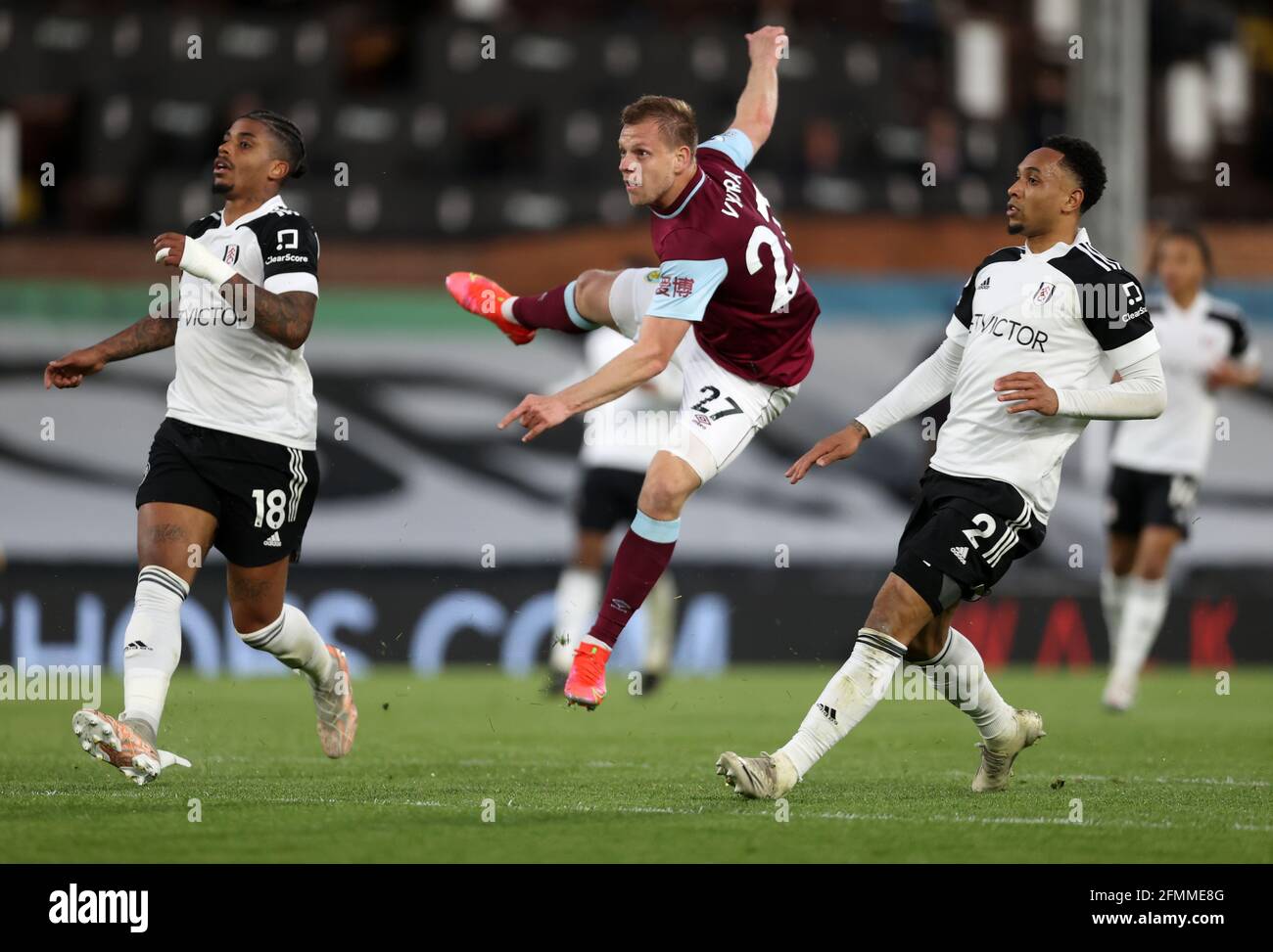 Burnley's Matej Vydra shoots during the Premier League match at Craven Cottage, London. Picture date: Monday May 10, 2021. Stock Photo