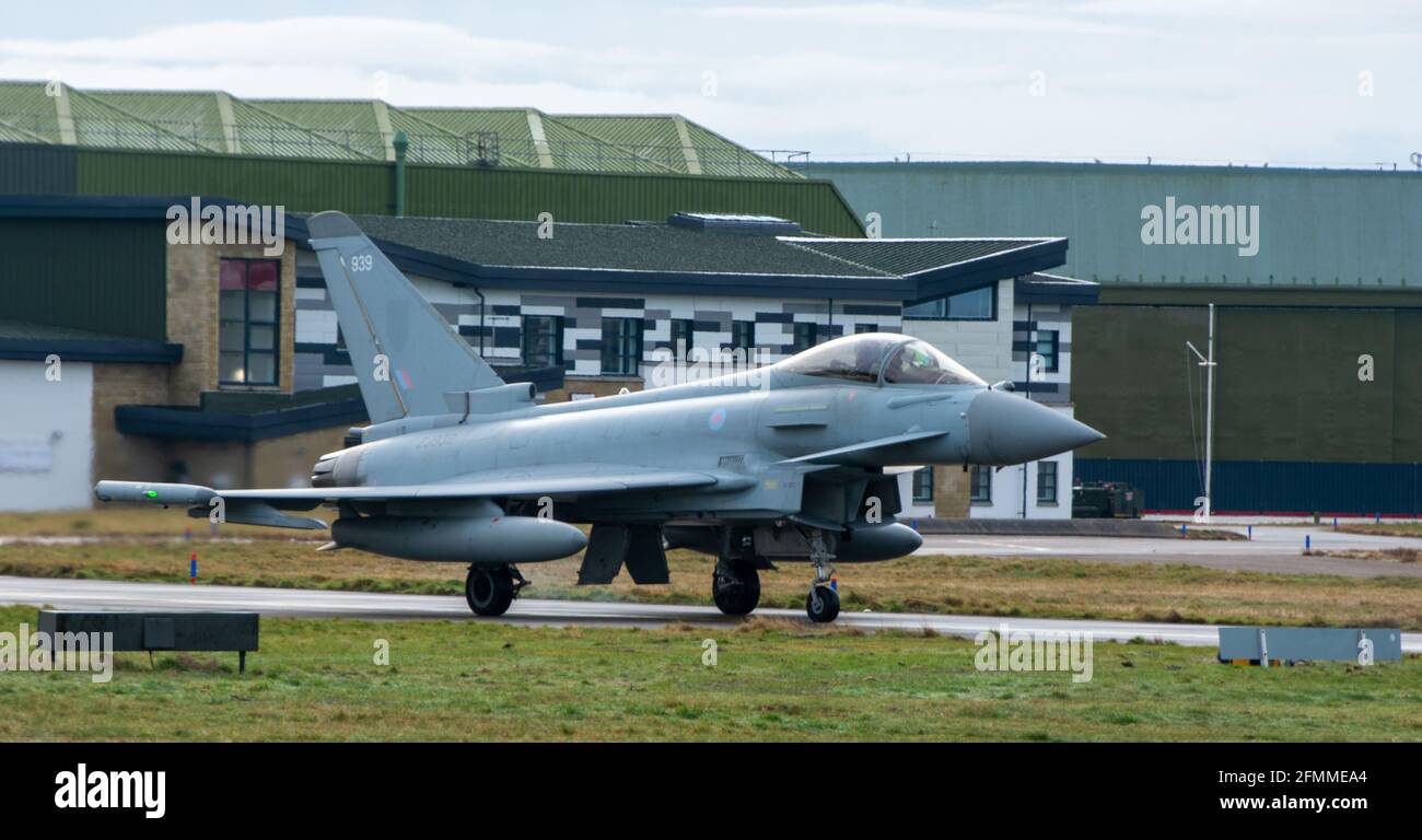 British Typhoon FGR-MK.4 taxing to the runway at RAF Lossiemouth. Lossiemouth is 1 of 2 quick reactions alert (QRA) stations in the UK. Stock Photo