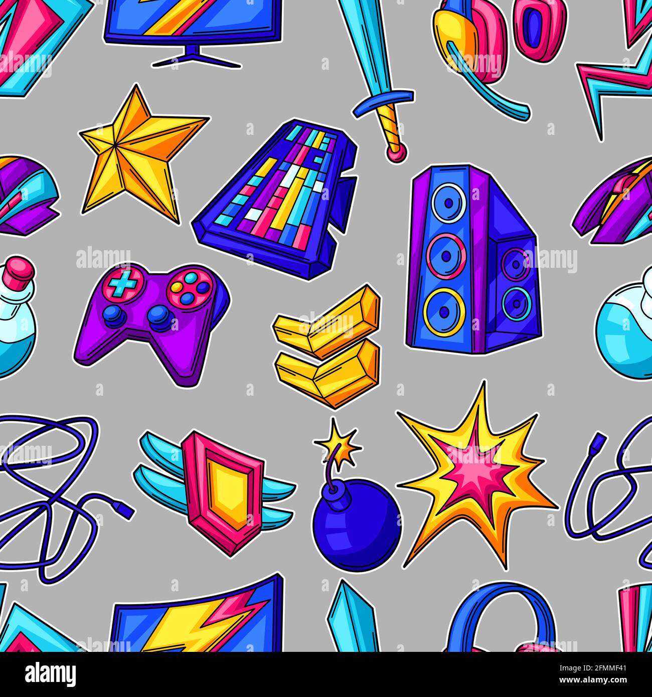 Seamless pattern with gaming items. Cyber sports, computer games, fun ...