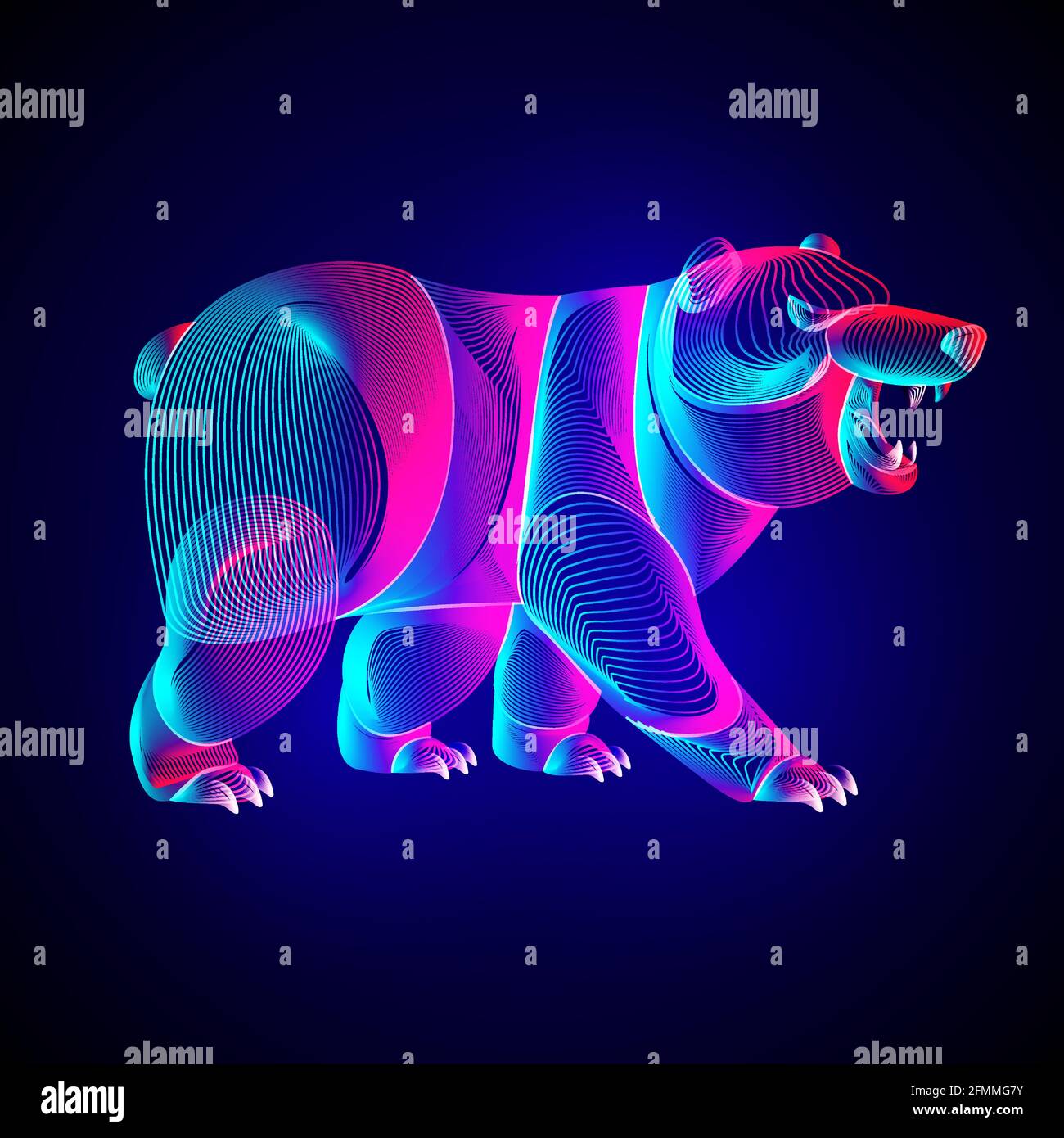 Bear silhouette. Outline vector illustration of standing polar or arctic animal - symbol of traders on the cryptocurrency market exchange. Neon glowin Stock Vector