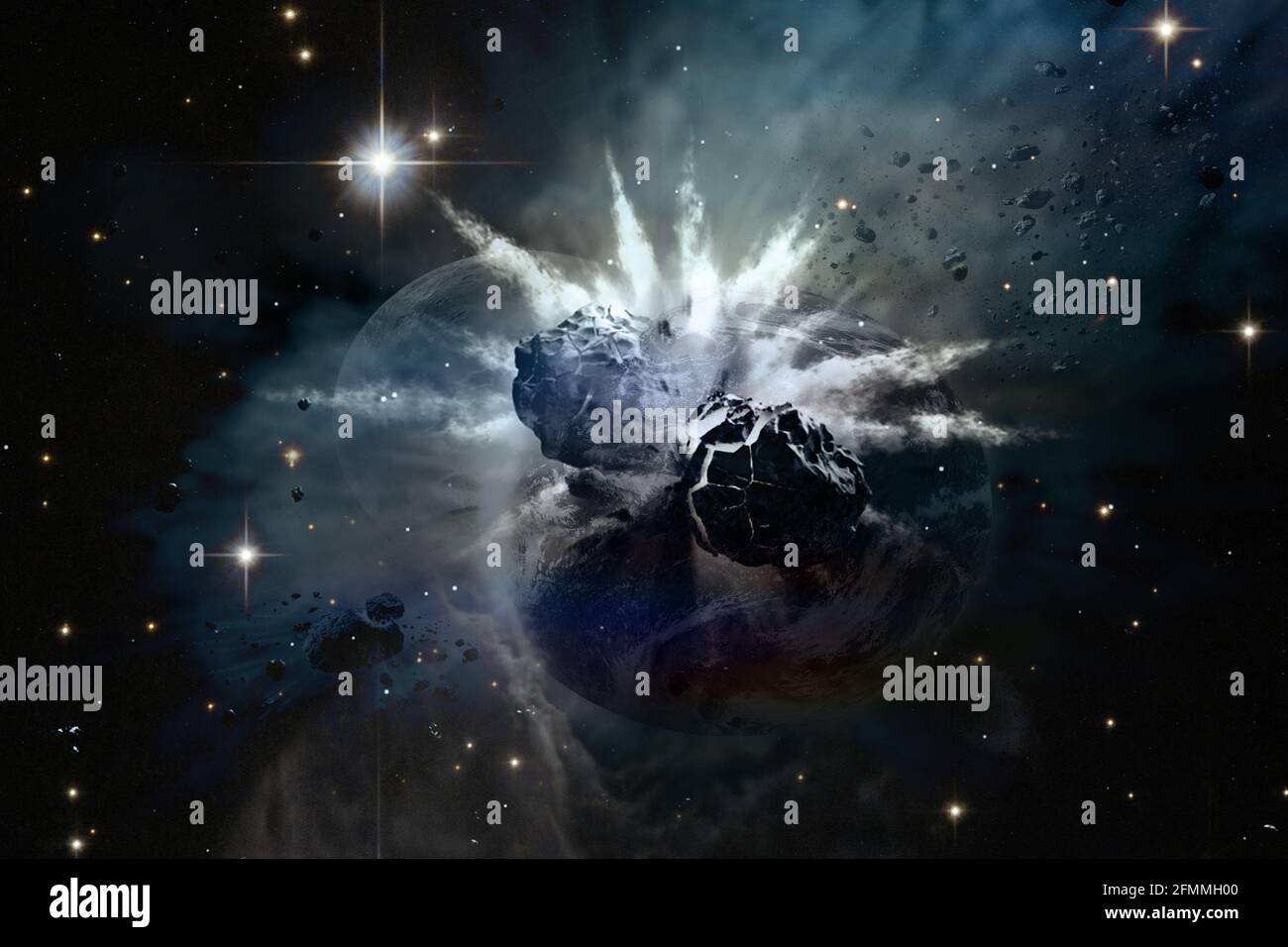 Collision of planets in space. Elements of this image furnished by NASA. Stock Photo