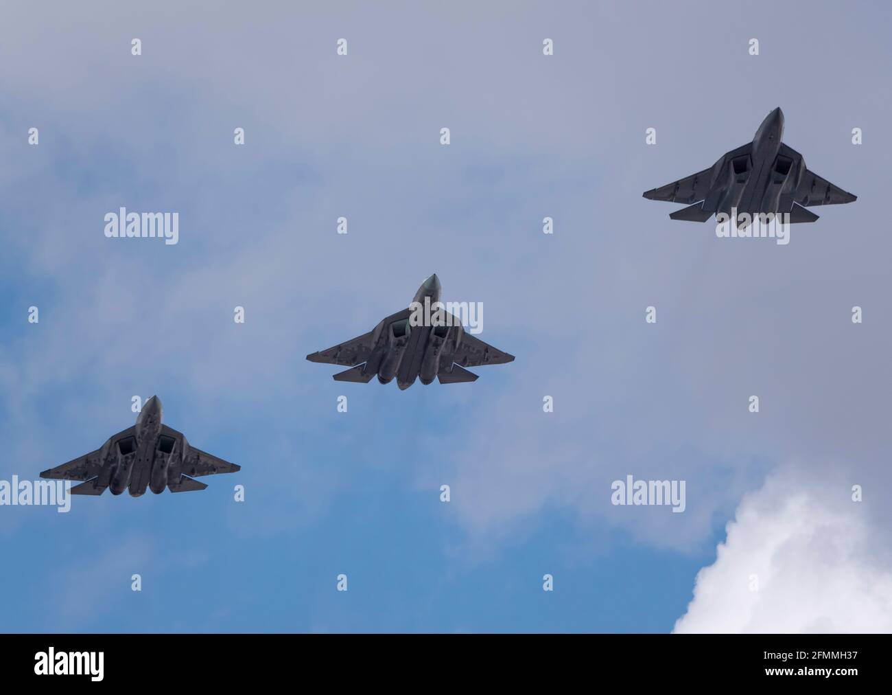 MOSCOW, RUSSIA - MAY 7, 2021: Avia parade in Moscow. Sukhoi Su-57 in the sky on parade of Victory in World War II in Moscow, Russia Stock Photo