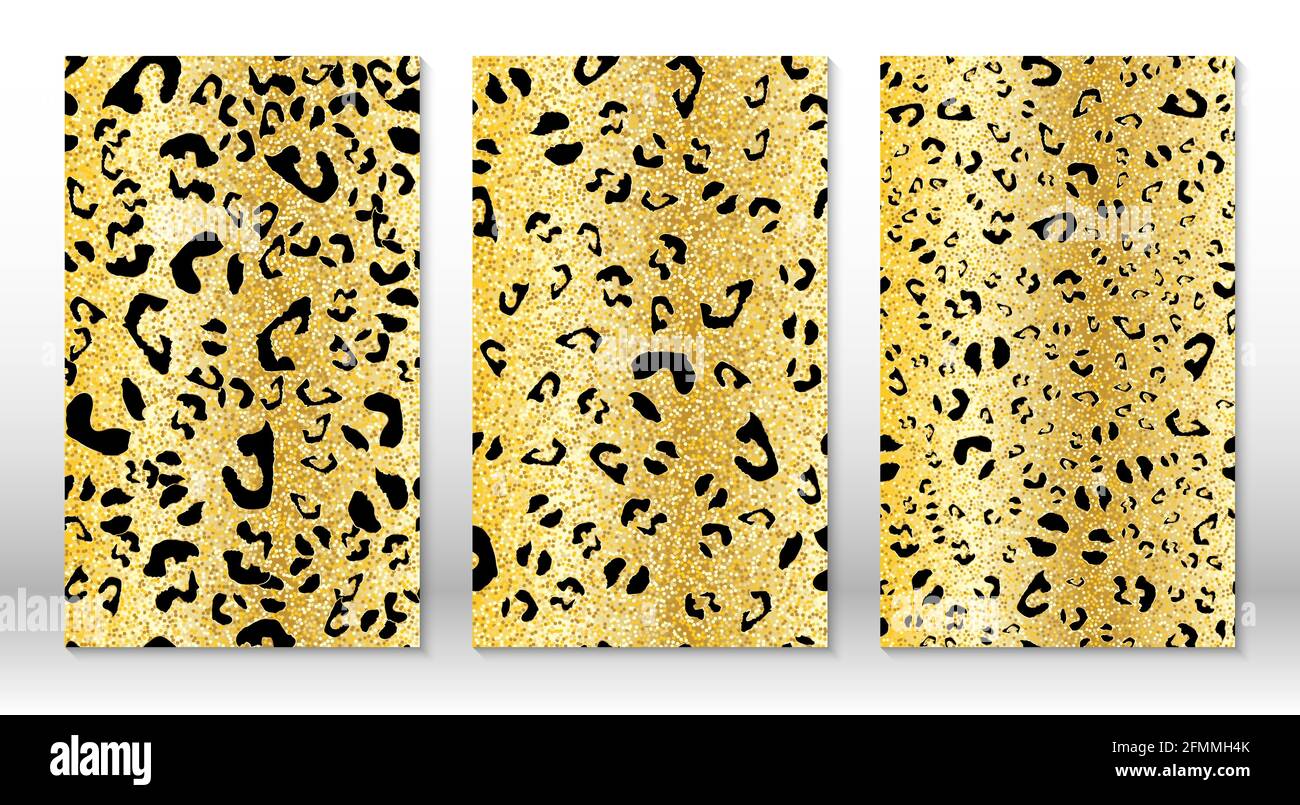 Leopard print. Golden glitter invitation cards. Sparkle gold texture. Animal print. Vector. Stock Vector