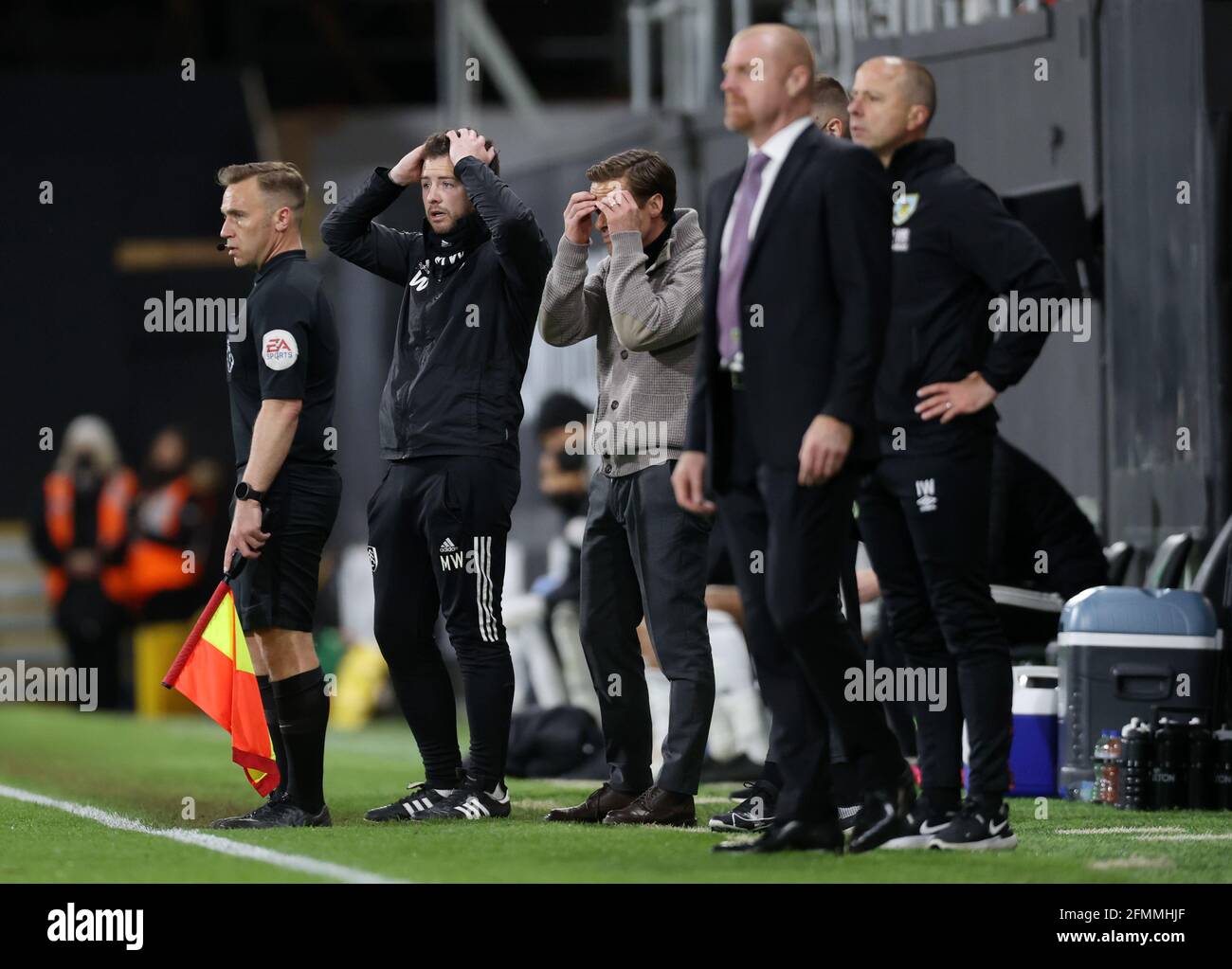 Fulham manager Scott Parker looks dejected during the Premier League match at Craven Cottage, London. Picture date: Monday May 10, 2021. Stock Photo