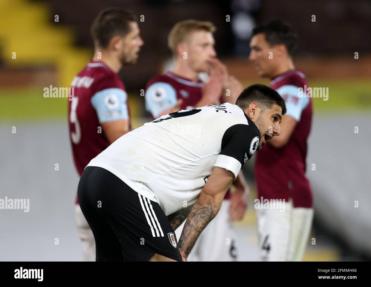 Fulham's Aleksandar Mitrovic looks dejected after Fulham are relegated during the Premier League match at Craven Cottage, London. Picture date: Monday May 10, 2021. Stock Photo