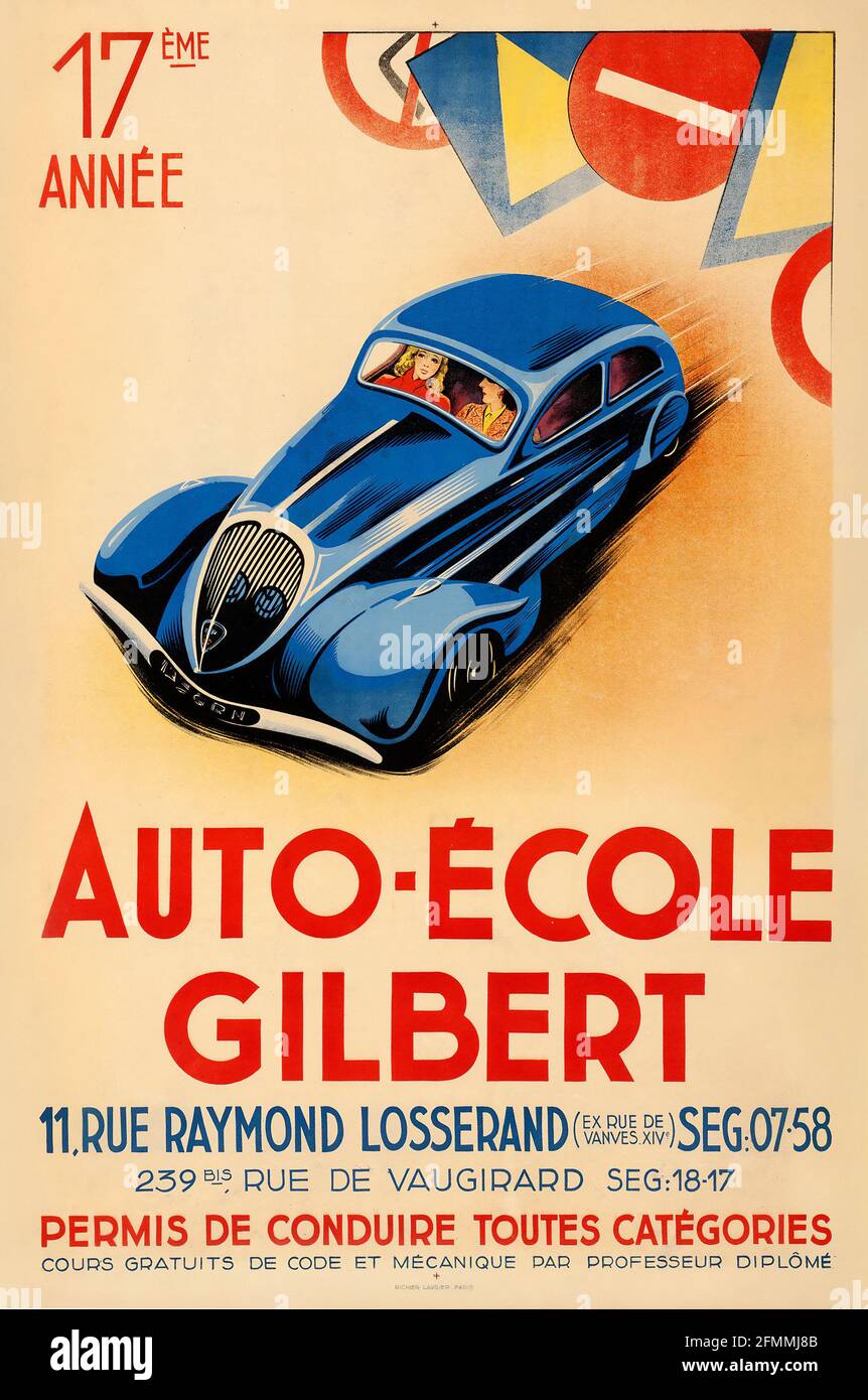 Auto-Ecole Gilbert (c.1930s). French Driving School Advertising Stock Photo