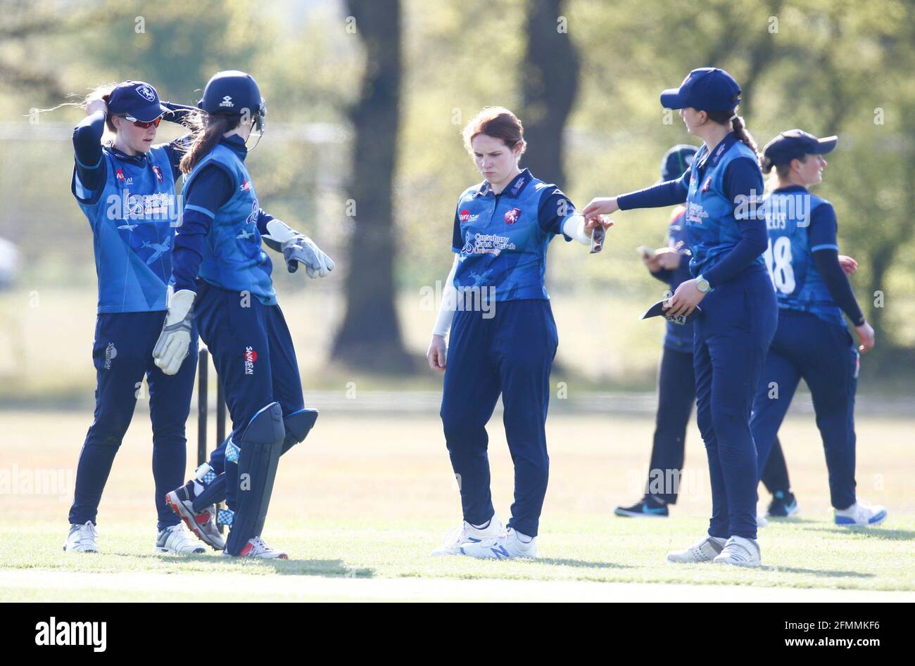 CHIGWELL, United Kingdom, MAY 01: Kalea Moore of Kent Women  celebrates her wicket during Women London Championship between Essex CCC and Kent CCC at Stock Photo