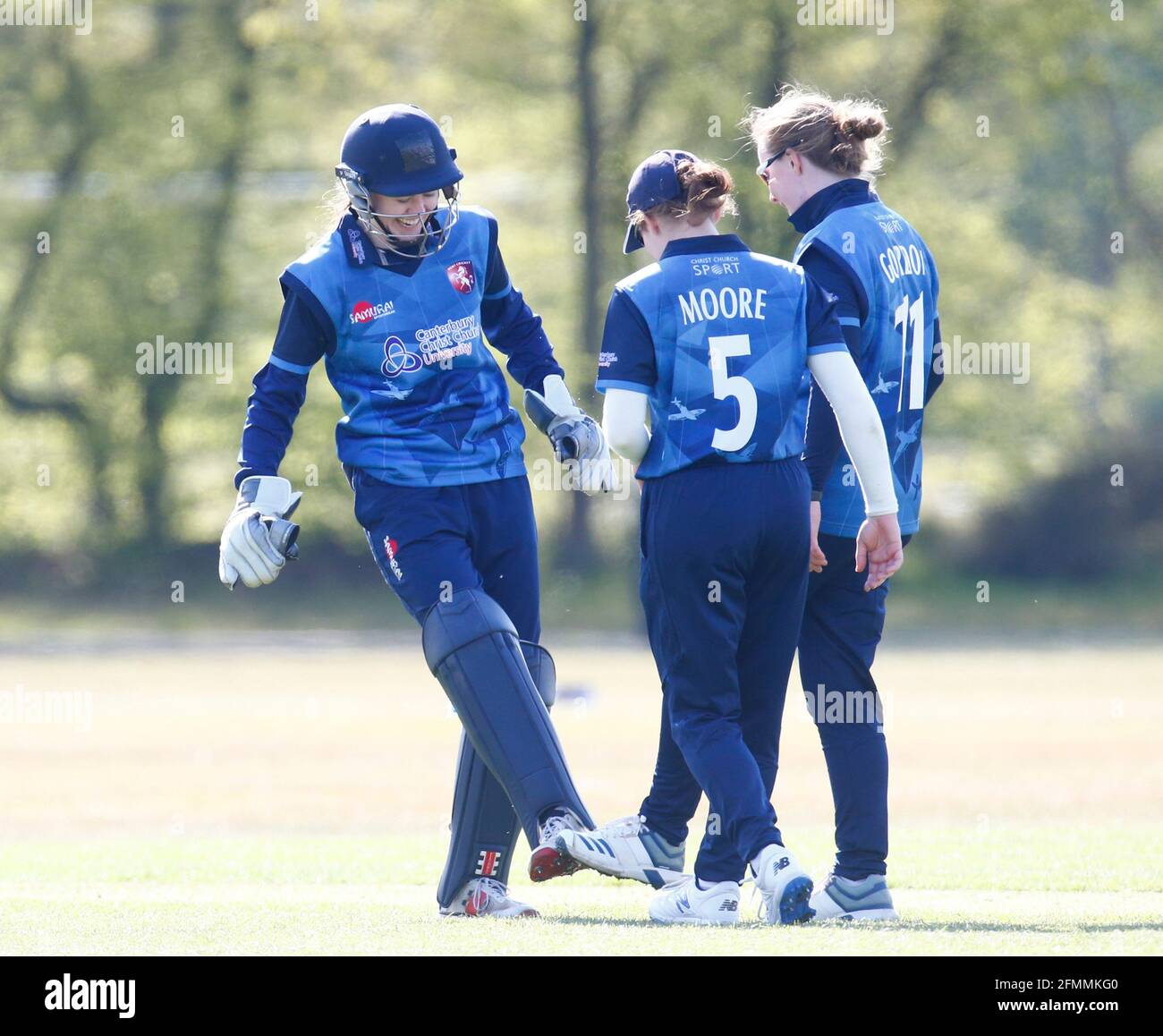 CHIGWELL, United Kingdom, MAY 01: Kalea Moore of Kent Women  celebrates her wicket during Women London Championship between Essex CCC and Kent CCC at Stock Photo