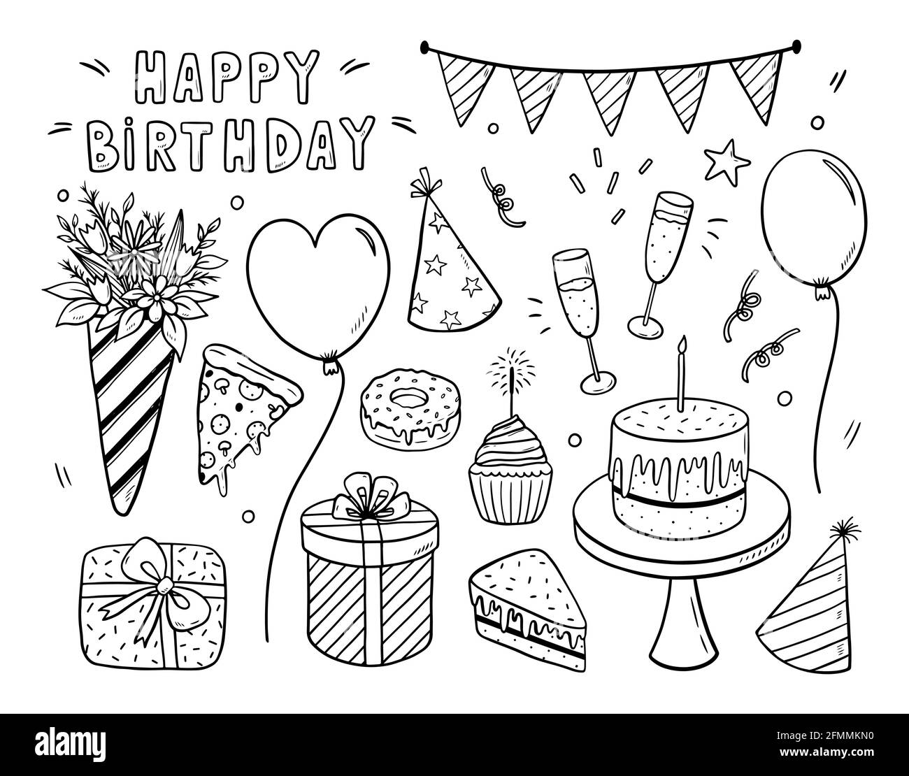 Vector doodle set of birthday design elements. Festive flags, caps, balloons, gifts, flowers, glasses of champagne, confetti, treats and a big birthday cake with a candle. Hand-drawn illustration. Stock Vector