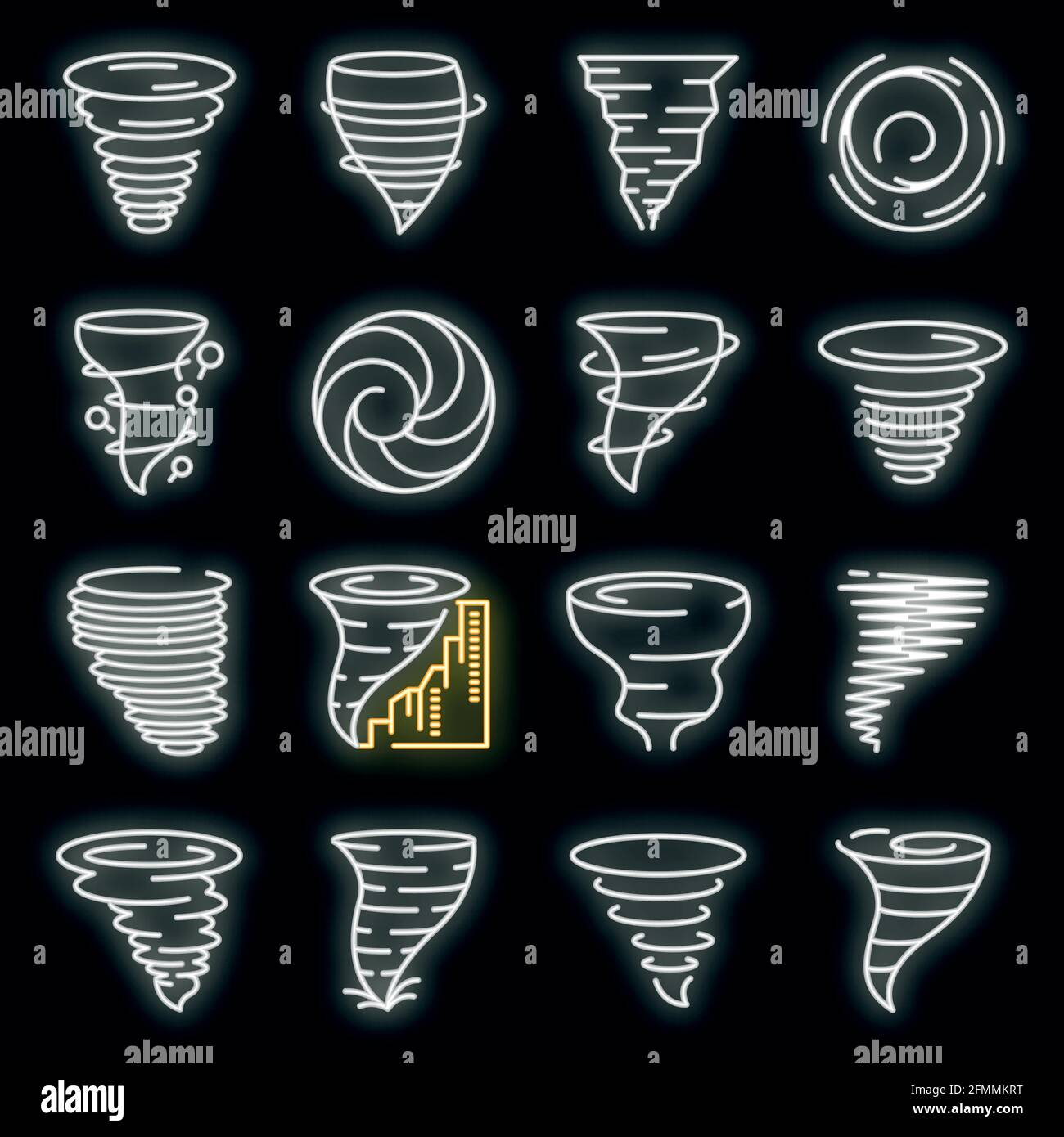 Tornado icons set. Outline set of tornado vector icons neon color on ...