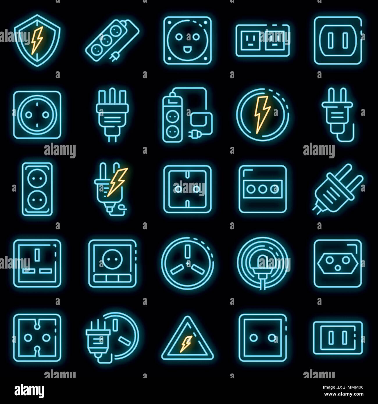 Power socket icons set. Outline set of power socket vector icons neon ...