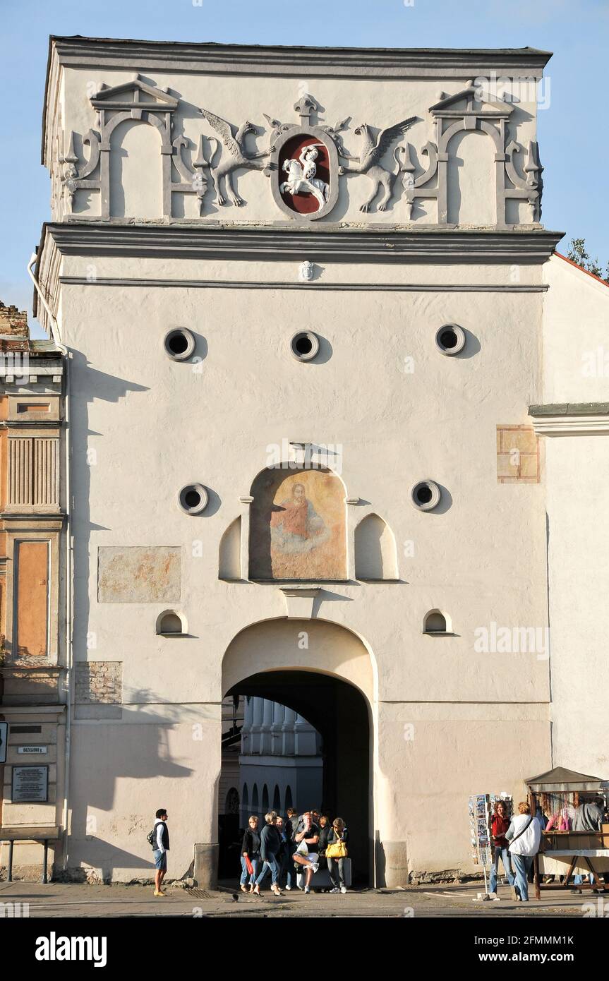 Aušros vartai (Gate of Dawn) or Ostra Brama in Polish with chapel of Our Lady of the Gate of Dawn with The icon of Our Lady of the Gate of Dawn (Matka Stock Photo