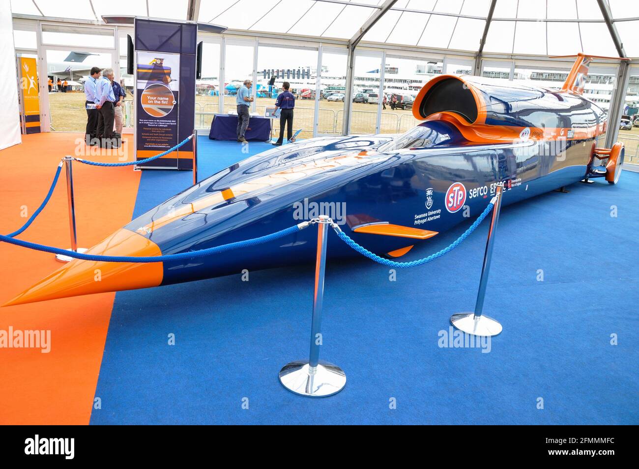Bloodhound SSC at the Farnborough International Airshow 2010. Promoting the Supersonic car record attempt to industry and public Stock Photo