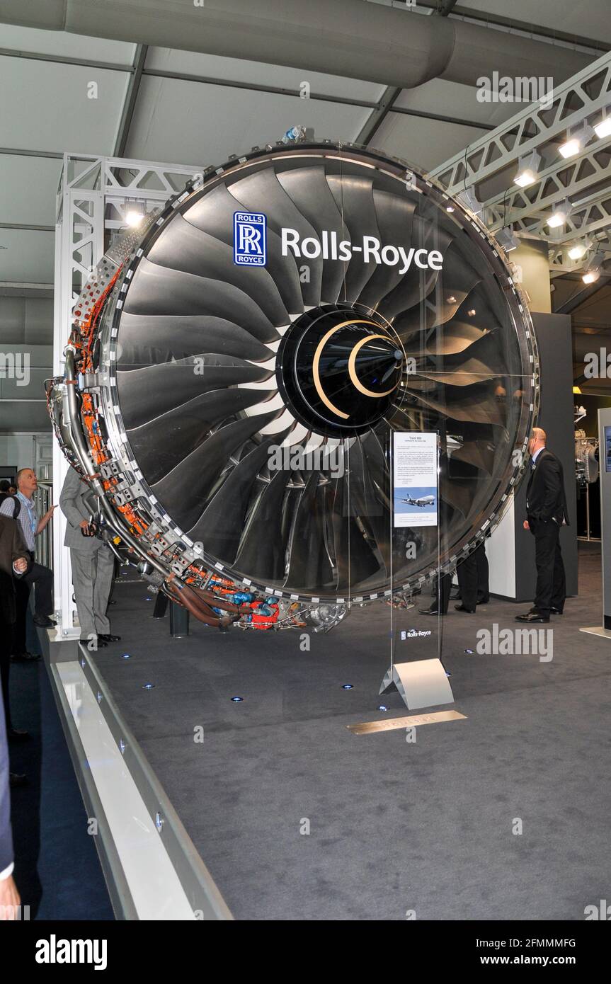 Rolls Royce Trent 900 aero engine on display at the Farnborough International Airshow 2010, as fitted to Airbus A380. High bypass turbofan Stock Photo