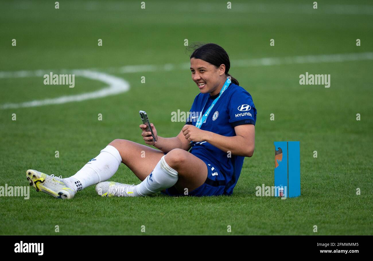 Kingston, UK. 09th May, 2021. Sam Kerr of Chelsea Women with her Golden Boot award after the team are crowned FAWSL Champions 2020/21 during the FAWSL match between Chelsea Women and Reading Women at the Kingsmeadow Stadium, Kingston, England on 9 May 2021. Photo by Andy Rowland. Credit: PRiME Media Images/Alamy Live News Stock Photo