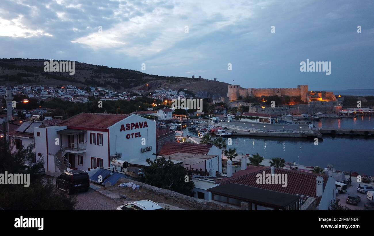 Bozcaada, Canakkale, TURKEY - September 24, 2020: High angle view of Bozcaada Island port and medieval castle. Canakkale Province, Turkey Stock Photo