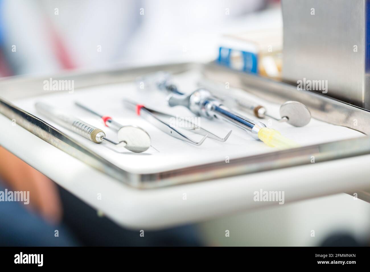 Sterile tools or medical instruments for a dentist, mirrors, tweezers