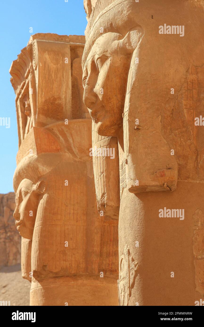 Hathor headed columns at Mortuary Temple of Hatshepsut, or Djeser-Djeseru, near Valley of the Kings, Upper Egypt Stock Photo