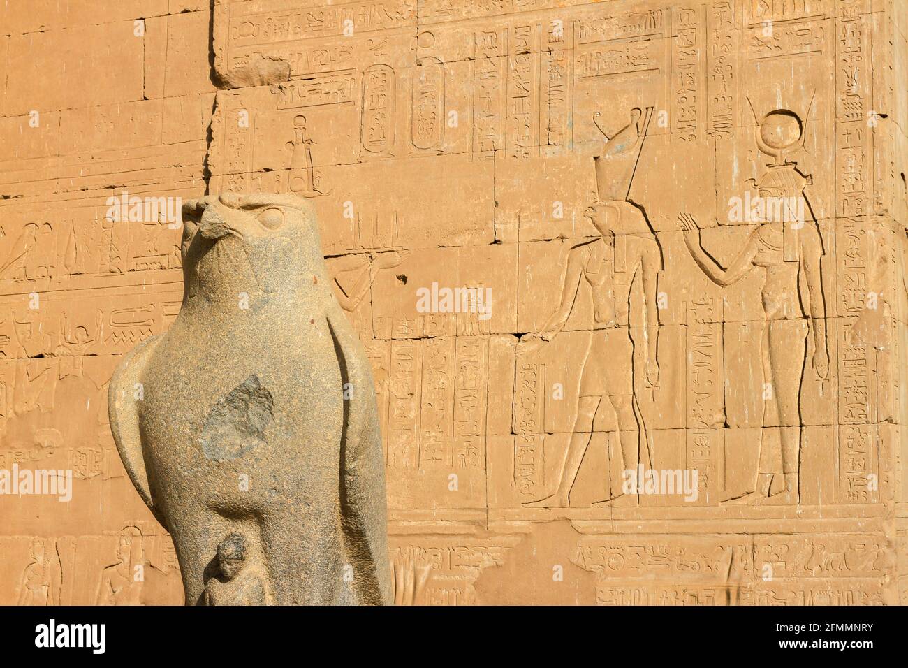 Statue of Horus in courtyard of Temple of Edfu with Hieroglyphics on wall in background, Edfu, Egypt Stock Photo