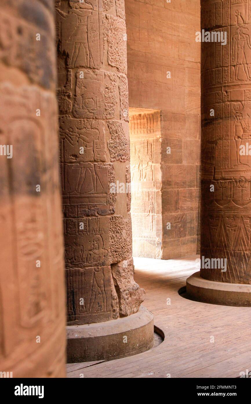 Hieroglyphics on columns at Temple of Philae, Agilkia Island in Lake Nasser, Egypt Stock Photo