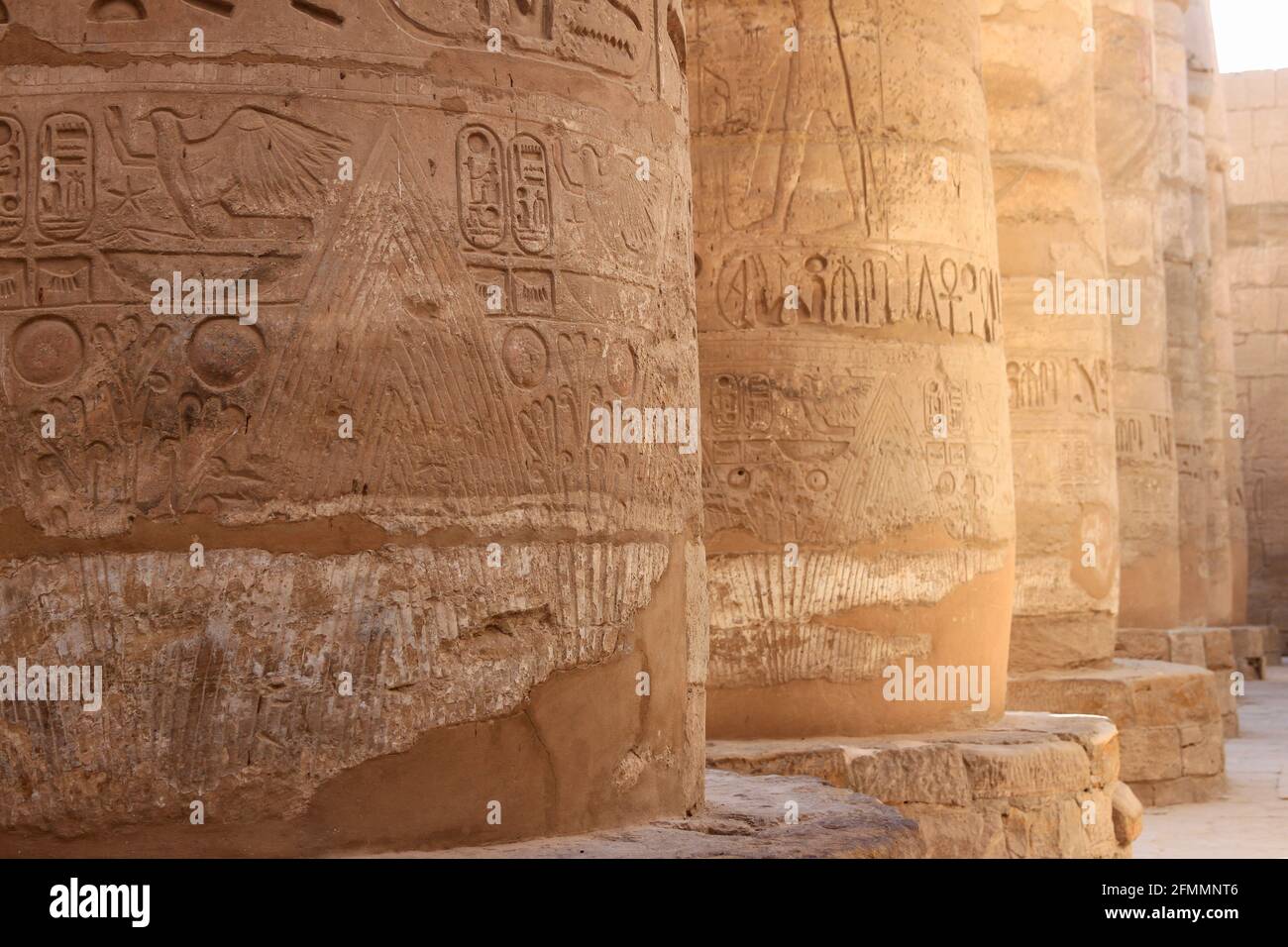 Row of columns with hieroglyphics at Temple of Karnak, Luxor, Egypt Stock Photo