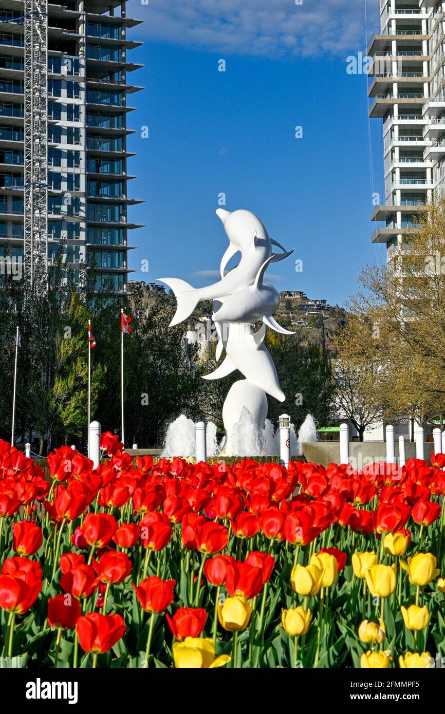 British columbia canada kelowna dolphin fountain hi-res stock