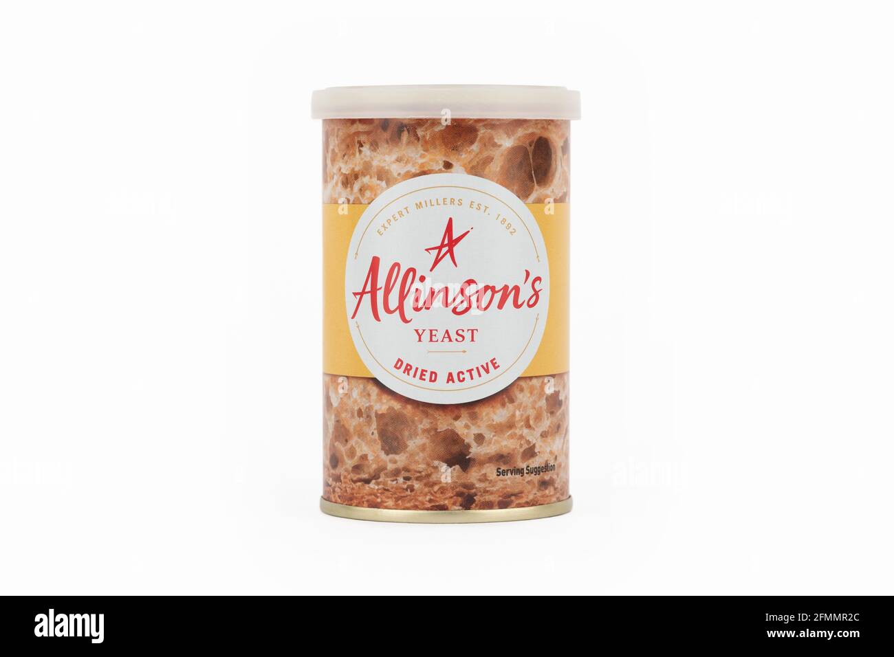 A tin of Allinson's dried active yeast shot on a white background. Stock Photo
