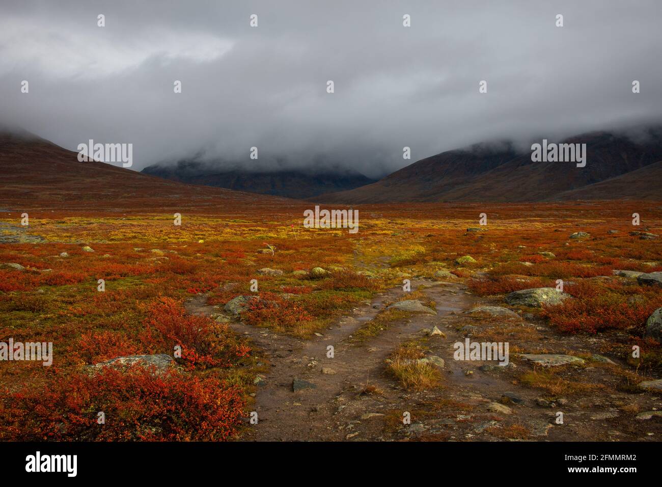 Mid-September in Swedish Lapland, a mixture of sunshine and rain at Kungsleden trail. Stock Photo