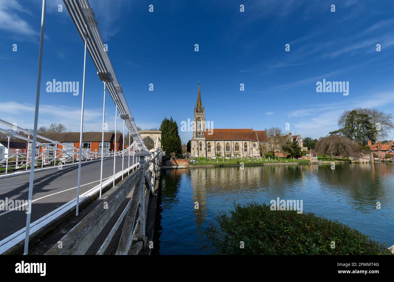 Marlow, United Kingdom March 30 2021 Marlow Suspension Bridge leading across the River Thames
