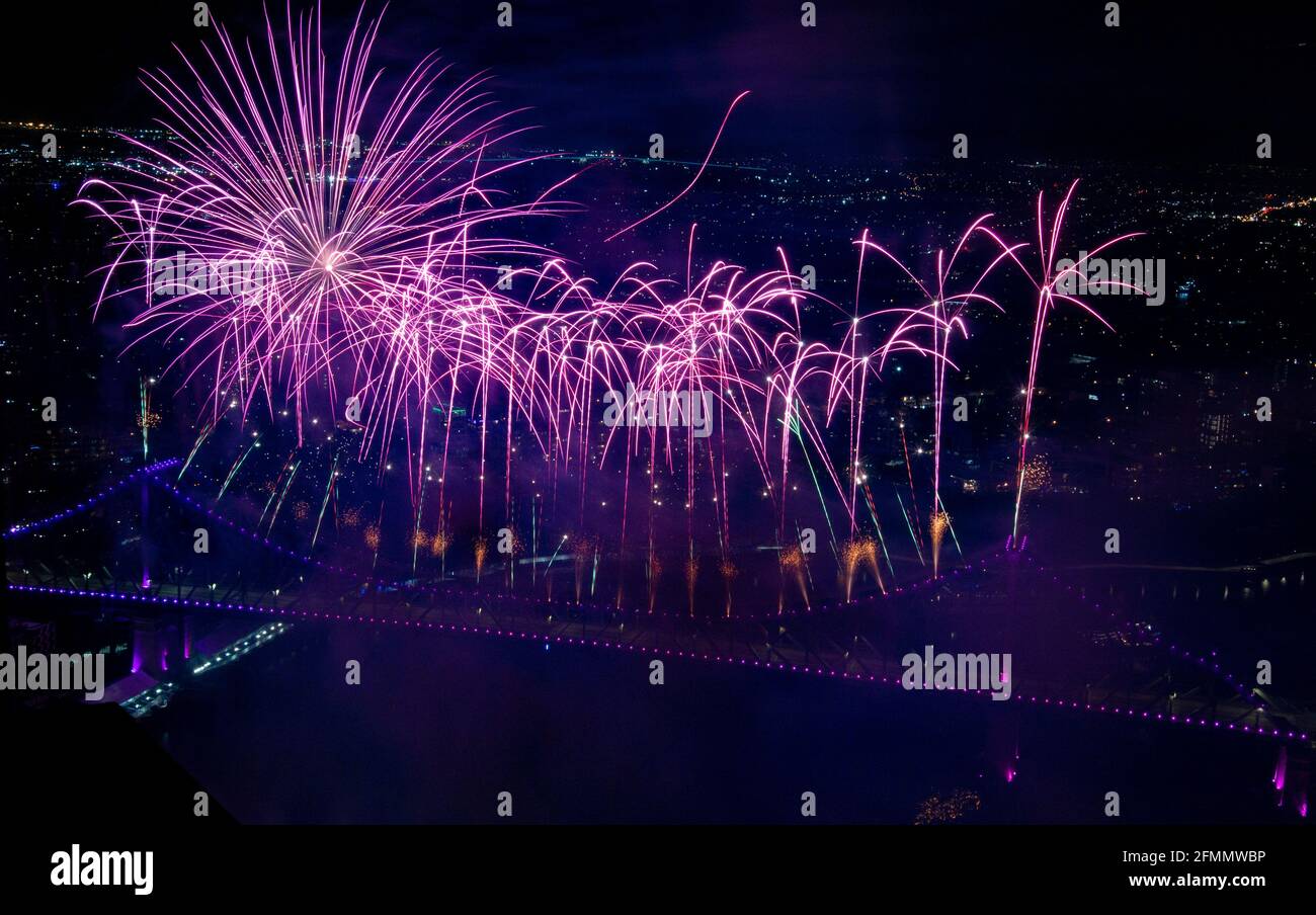 Fireworks Over the Brisbane River During RiverFire Festival Stock Photo