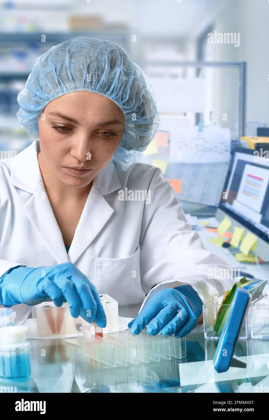 Pharma female tech works in laboratory. Caucasian young woman in protective gloves, hat and white gown handles sample tubes. Lab interior, selective Stock Photo