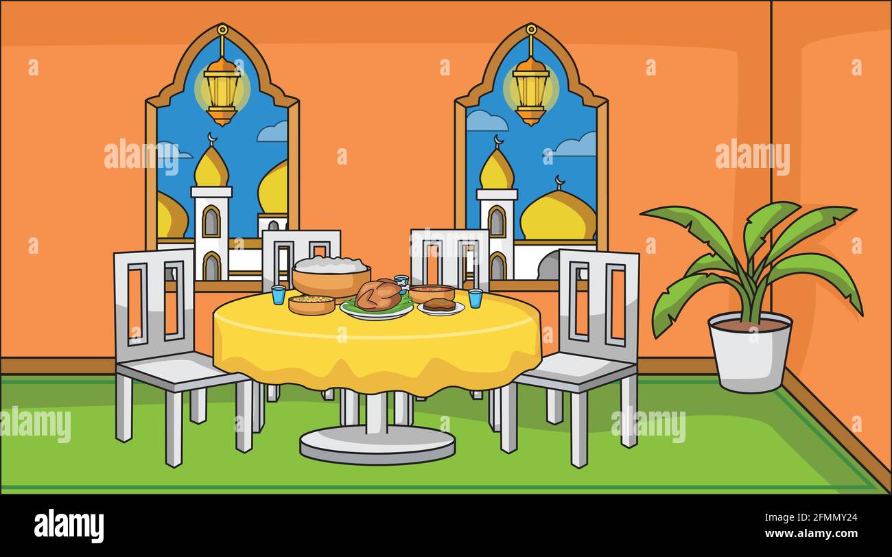 Background muslim family religious in dining room while iftar party,and much food.Ramadan lantern muslim With decorative plants.Background muslim illu Stock Vector