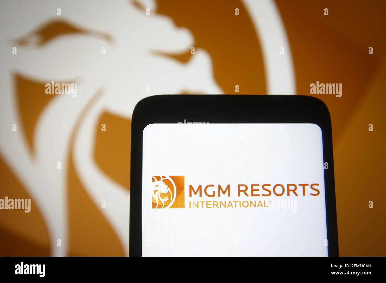 Ukraine. 10th May, 2021. In this photo illustration the MGM Resorts International logo is seen on a smartphone screen. (Photo by Pavlo Gonchar/SOPA Images/Sipa USA) Credit: Sipa USA/Alamy Live News Stock Photo