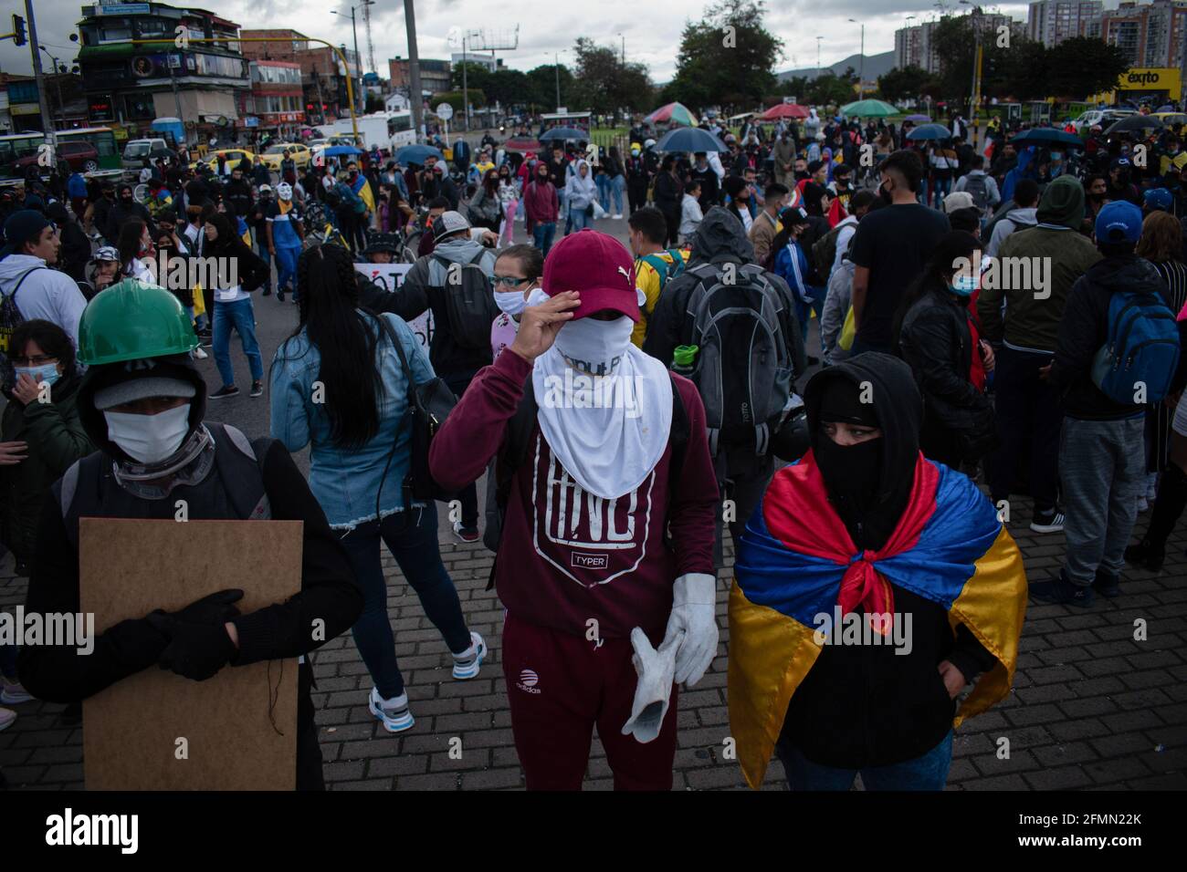 Bogota, Colombia, May 10, 2021, Bogota faces its 13 day of anti-government protests against the Health Reform and Police Brutality cases that rise to over 30 dead across the country since the National Strike begun. In Bogota, Colombia on May 10, 2021 Stock Photo
