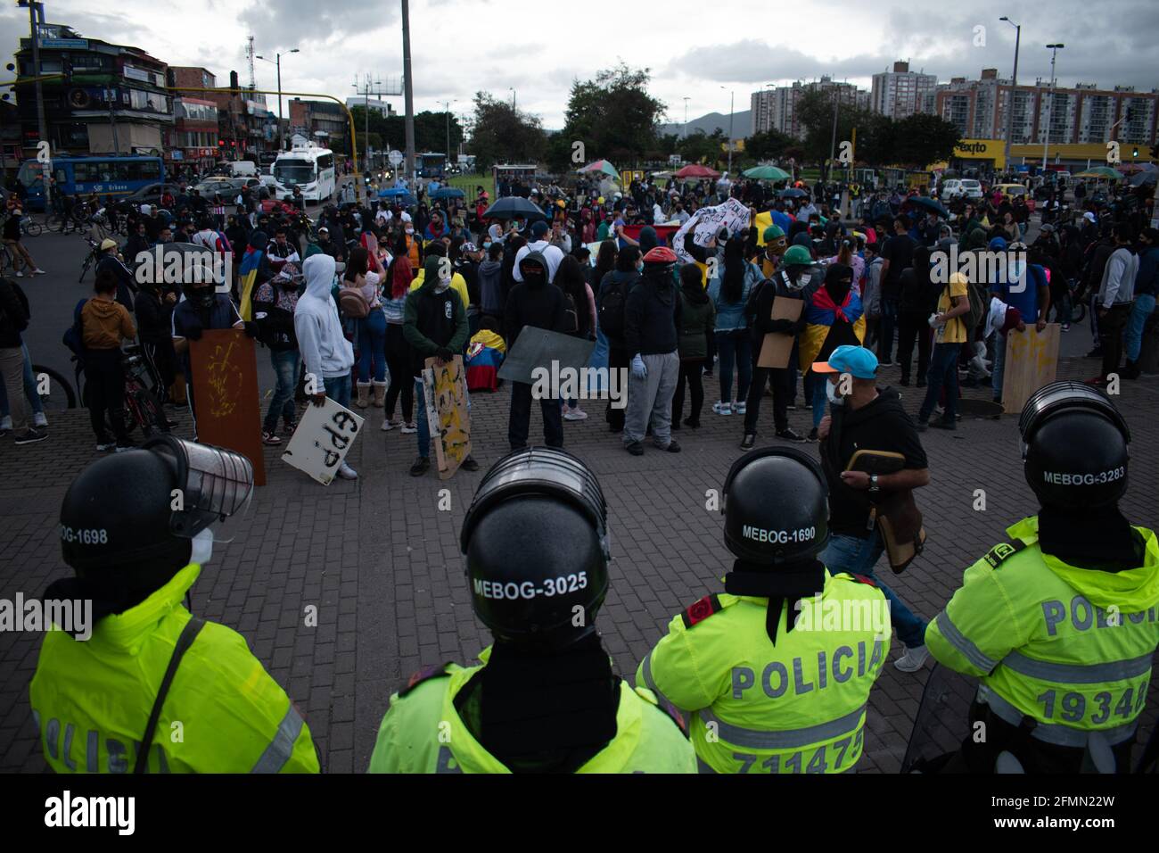 Bogota, Colombia, May 10, 2021, Bogota faces its 13 day of anti-government protests against the Health Reform and Police Brutality cases that rise to over 30 dead across the country since the National Strike begun. In Bogota, Colombia on May 10, 2021 Stock Photo