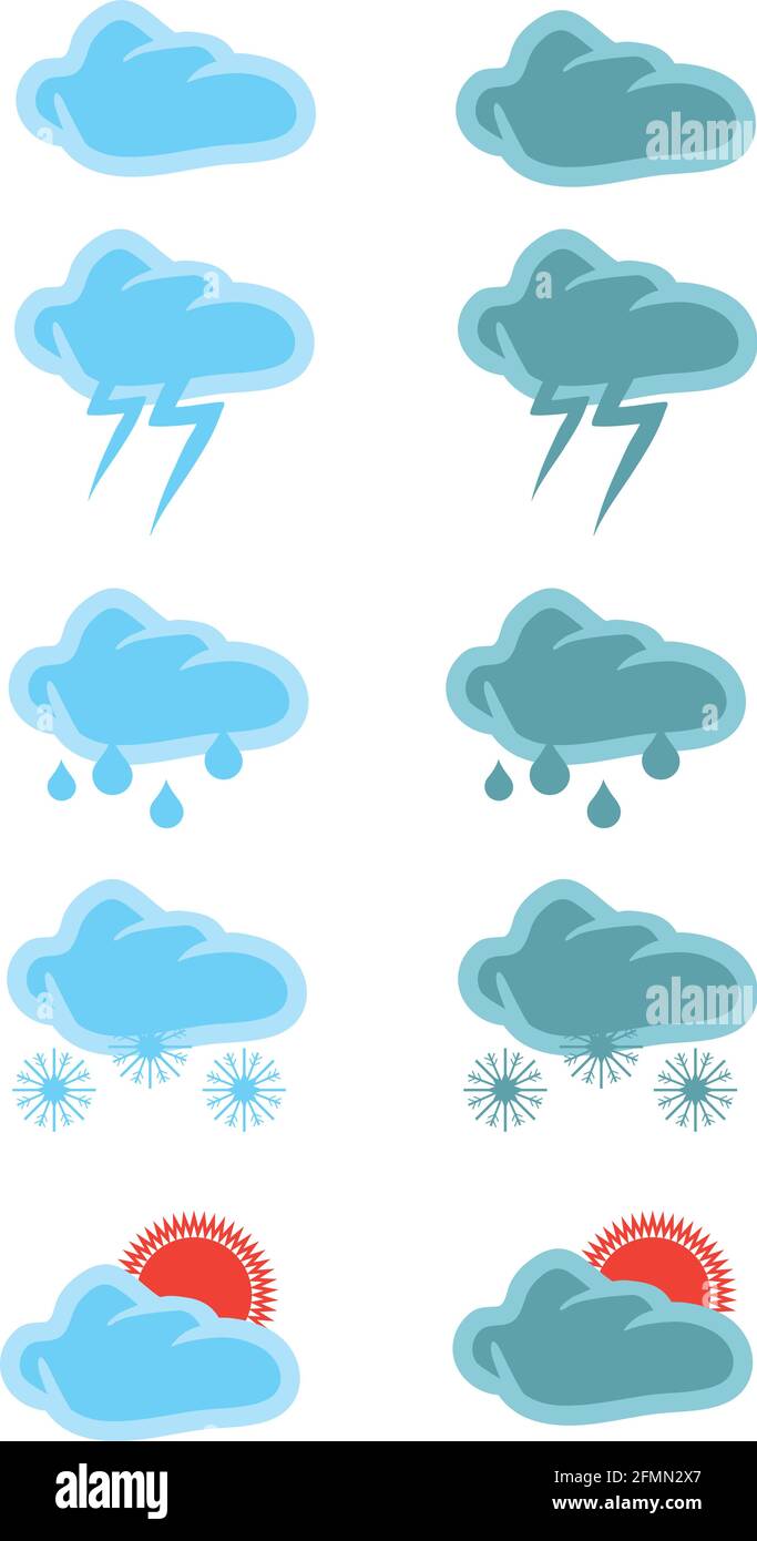 Vector illustrations of weather icons in blue and green color for cloudy, thunderstorm, raining, snowing and sunshine isolated on white background. Stock Vector