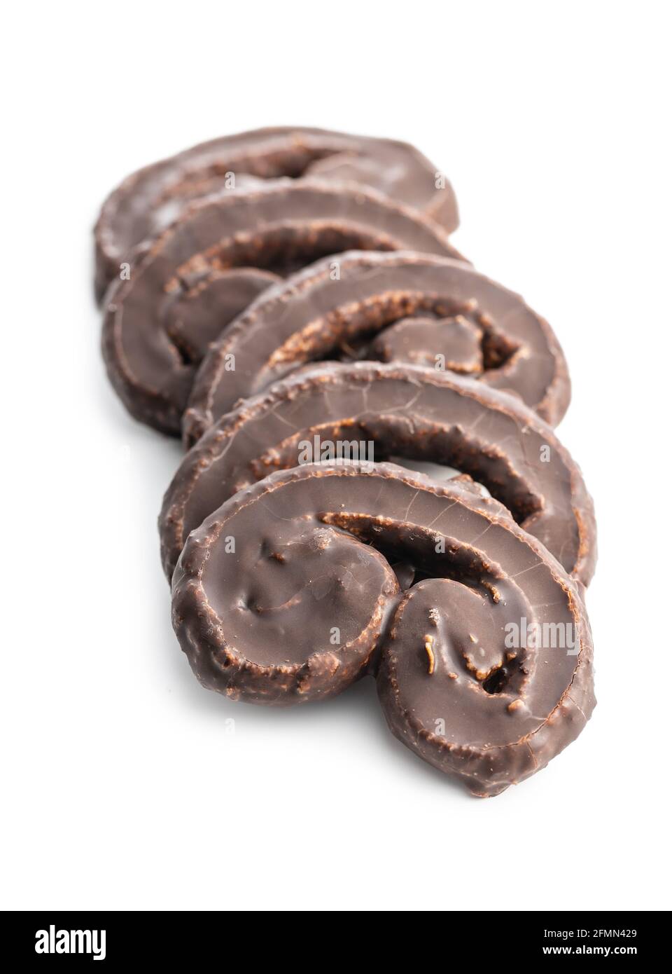 Sweet pastry palmeritas with chocolate icing isolated on white background. Stock Photo